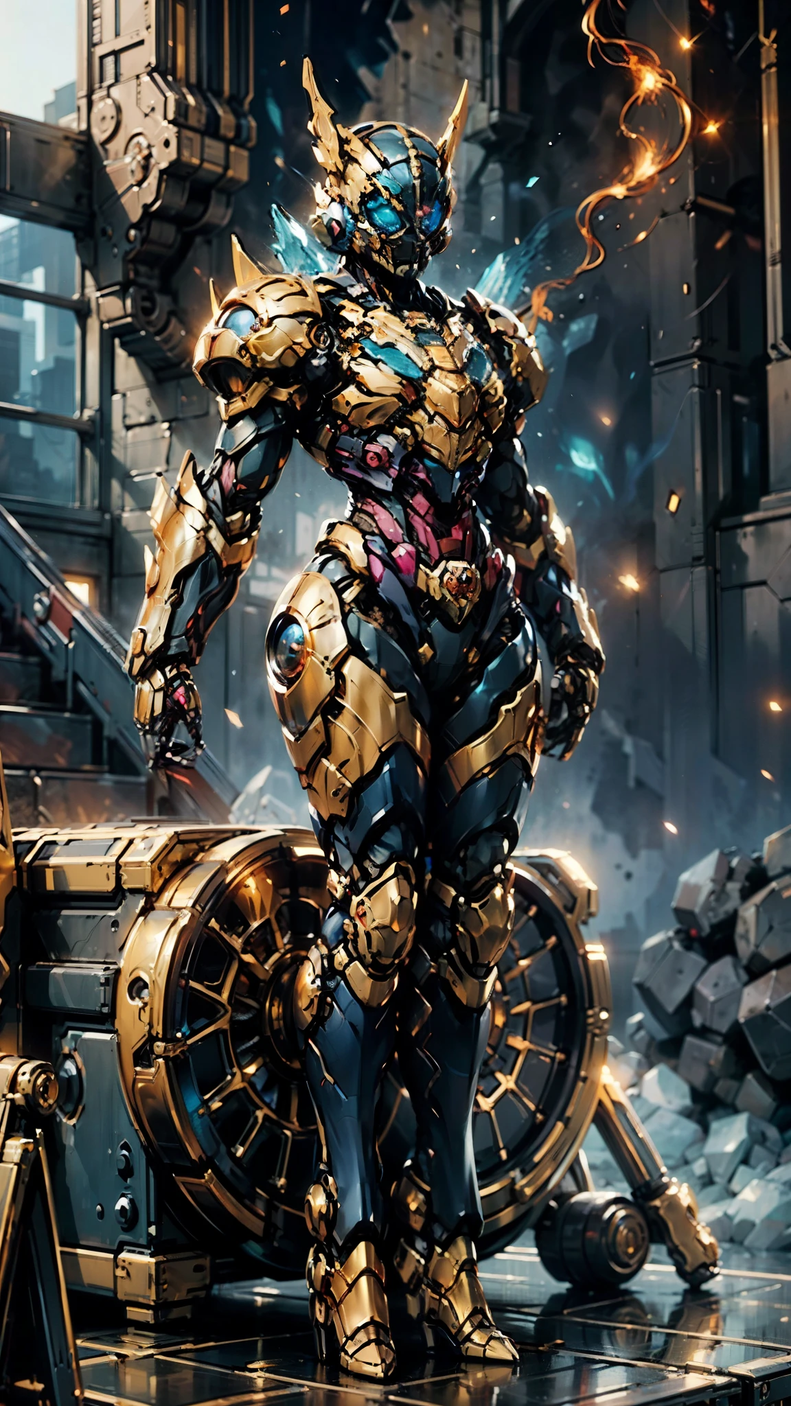 A woman adorned in fantasy-style full-body armor, a crown-concept fully enclosed helmet that unveils only her eyes, a composite layered chest plate, fully encompassing shoulder and hand guards, a lightweight waist armor, form-fitting shin guards, the overall design is heavy-duty yet flexible, (the armor gleams with a golden glow, complemented by red and blue accents), exhibiting a noble aura, she floats above a fantasy-surreal high-tech city, this character embodies a finely crafted fantasy-surreal style armored hero in anime style, exquisite and mature manga art style, (mixture of Queen bee and Spider concept Armor, plasma), ((Element, elegant, goddess, femminine:1.5)), metallic, high definition, best quality, highres, ultra-detailed, ultra-fine painting, extremely delicate, professional, anatomically correct, symmetrical face, extremely detailed eyes and face, high quality eyes, creativity, RAW photo, UHD, 32k, Natural light, cinematic lighting, masterpiece-anatomy-perfect, masterpiece:1.5