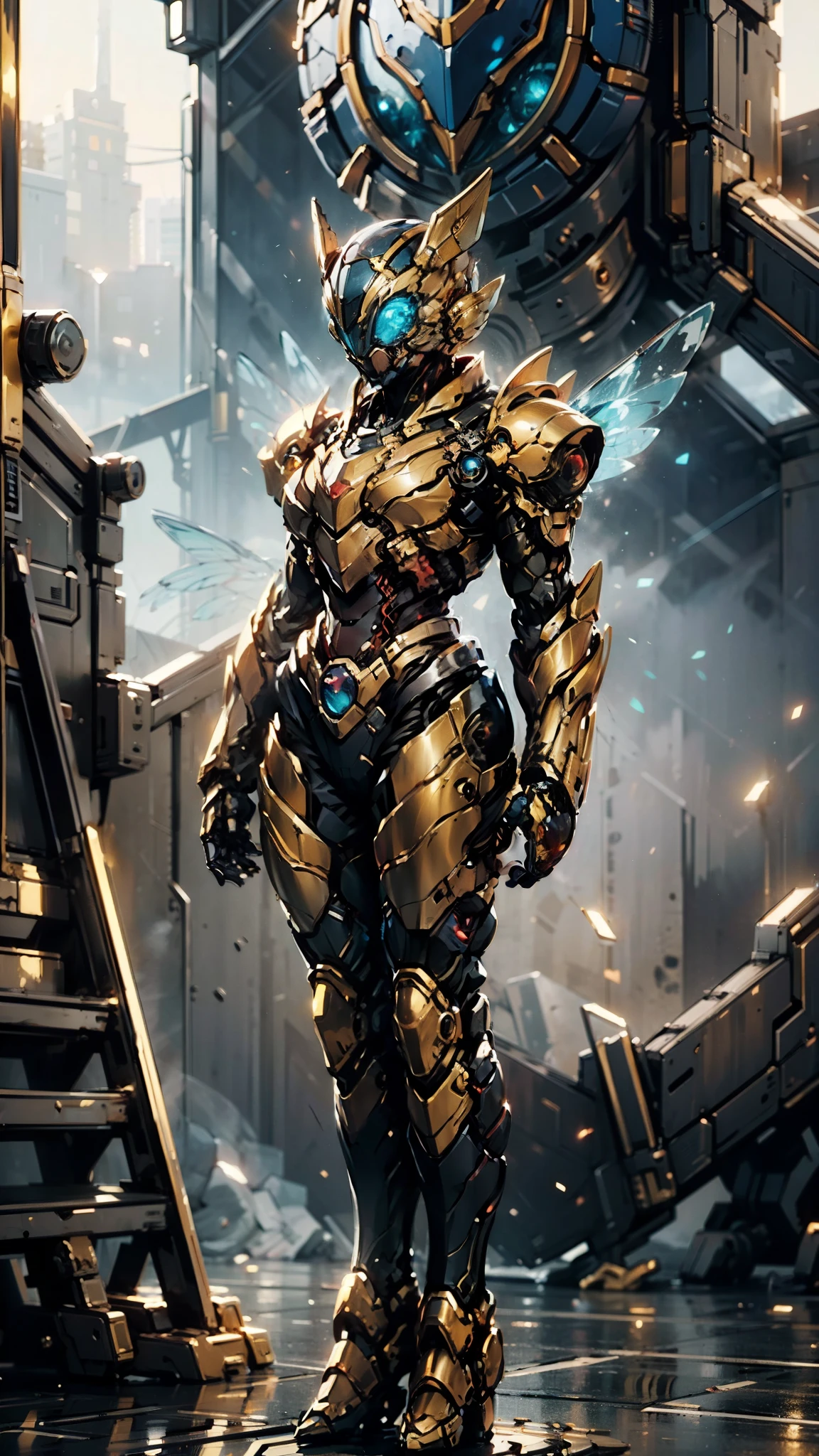 A woman adorned in fantasy-style full-body armor, a crown-concept fully enclosed helmet that unveils only her eyes, a composite layered chest plate, fully encompassing shoulder and hand guards, a lightweight waist armor, form-fitting shin guards, the overall design is heavy-duty yet flexible, (the armor gleams with a golden glow, complemented by red and blue accents), exhibiting a noble aura, she floats above a fantasy-surreal high-tech city, this character embodies a finely crafted fantasy-surreal style armored hero in anime style, exquisite and mature manga art style, (mixture of Queen bee and Spider concept Armor, plasma), ((Element, elegant, goddess, femminine:1.5)), metallic, high definition, best quality, highres, ultra-detailed, ultra-fine painting, extremely delicate, professional, anatomically correct, symmetrical face, extremely detailed eyes and face, high quality eyes, creativity, RAW photo, UHD, 32k, Natural light, cinematic lighting, masterpiece-anatomy-perfect, masterpiece:1.5