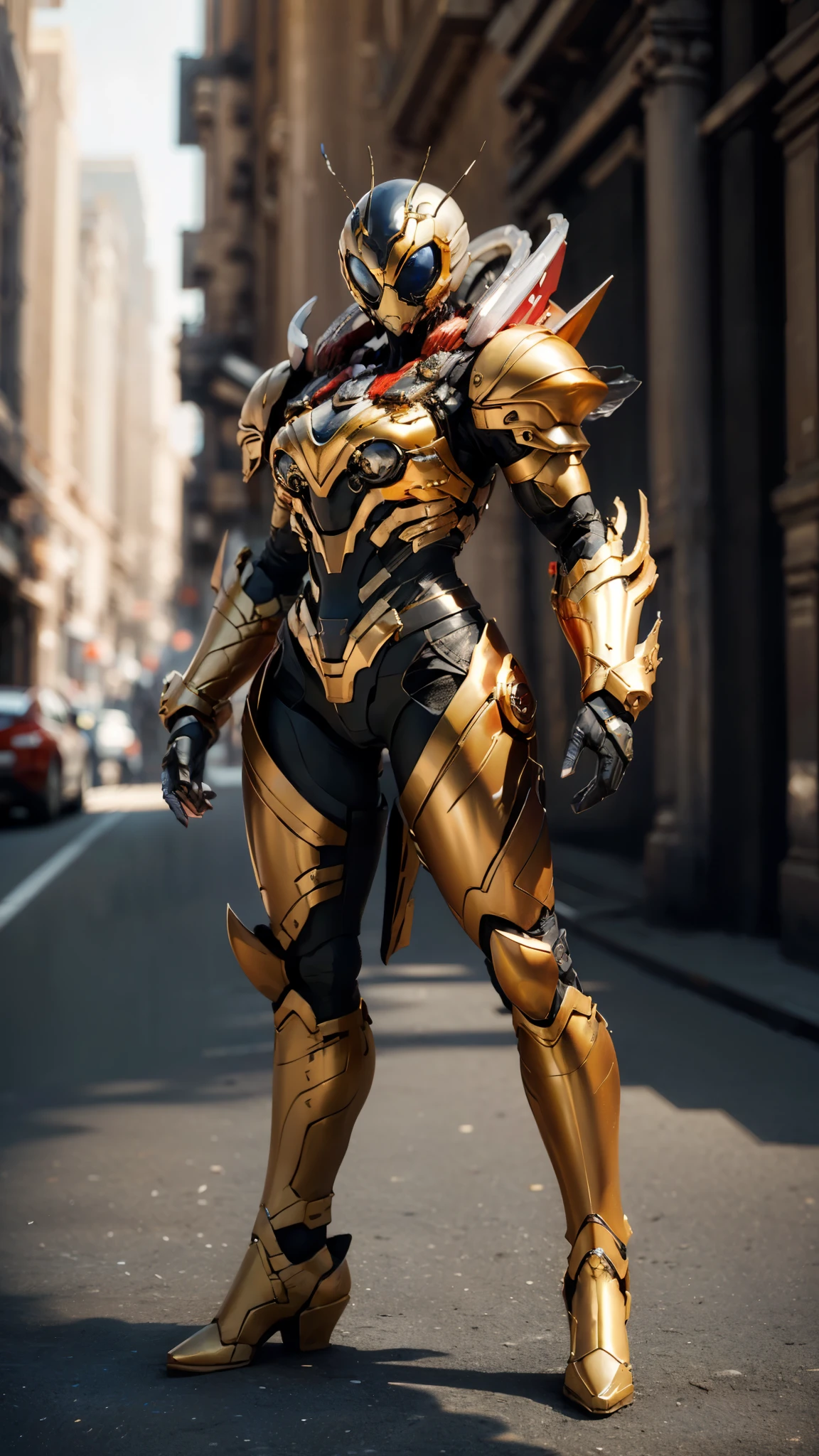 A woman adorned in fantasy-style full-body armor, a crown-concept fully enclosed helmet that unveils only her eyes, a composite layered chest plate, fully encompassing shoulder and hand guards, a lightweight waist armor, form-fitting shin guards, the overall design is heavy-duty yet flexible, (the armor gleams with a golden glow, complemented by red and blue accents), exhibiting a noble aura, she floats above a fantasy-surreal high-tech city, this character embodies a finely crafted fantasy-surreal style armored hero in anime style, exquisite and mature manga art style, (mixture of Queen bee and Spider concept Armor, plasma), ((Element, elegant, goddess, femminine:1.5)), metallic, high definition, best quality, highres, ultra-detailed, ultra-fine painting, extremely delicate, professional, anatomically correct, symmetrical face, extremely detailed eyes and face, high quality eyes, creativity, RAW photo, UHD, 32k, Natural light, cinematic lighting, masterpiece-anatomy-perfect, masterpiece:1.5