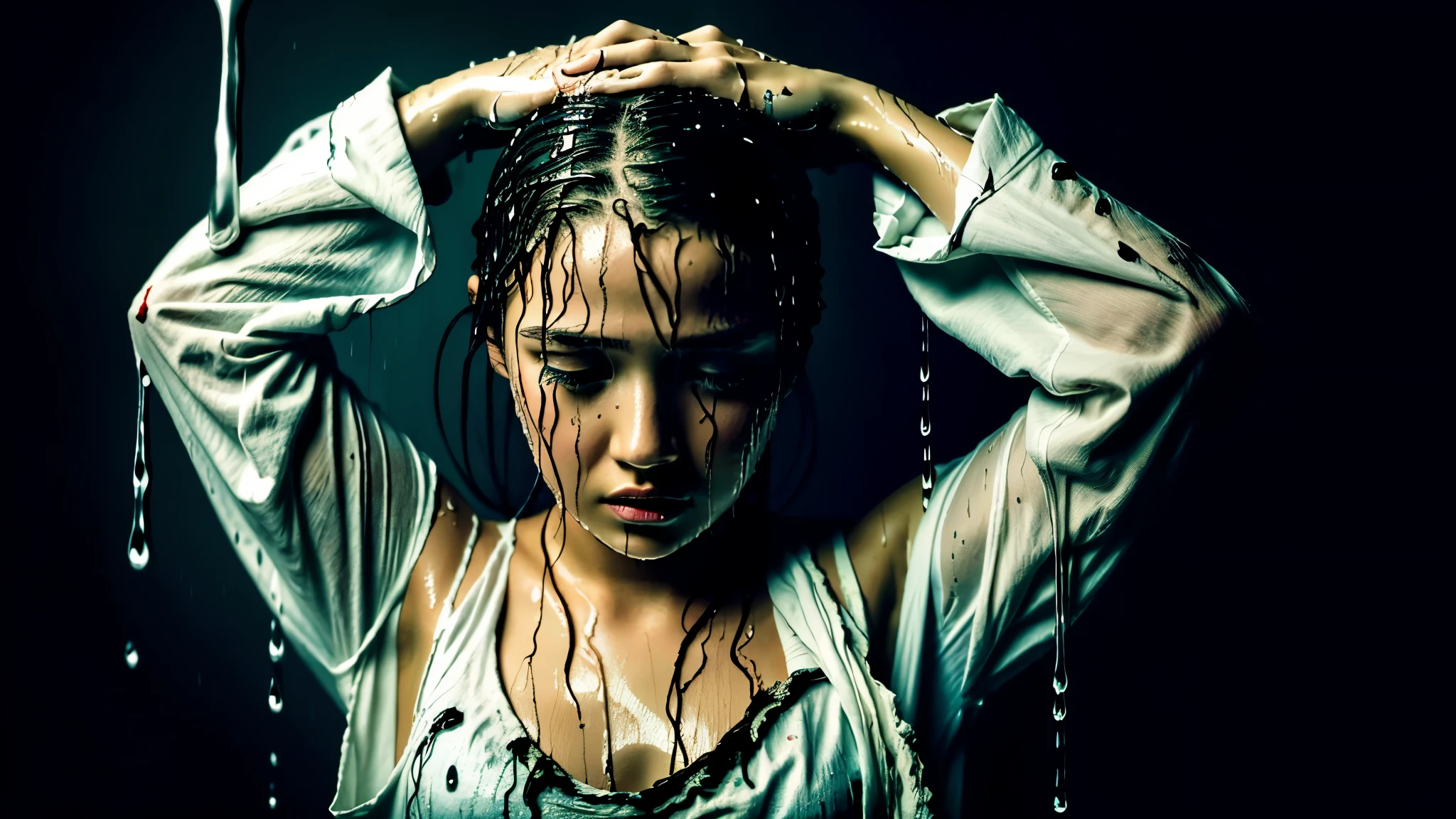 best image quality, masterpiece, ultra high resolution, (fidelity :1.4), photograph, 1 girl,[(sorrow)],white shirt, 薄dark, dark, Desperate, regret, pitiful, cinematic,tear,teardrop,(torn clothes:1.5), (wet clothes:1.4), bare shoulders,real rain,wet hair,..
