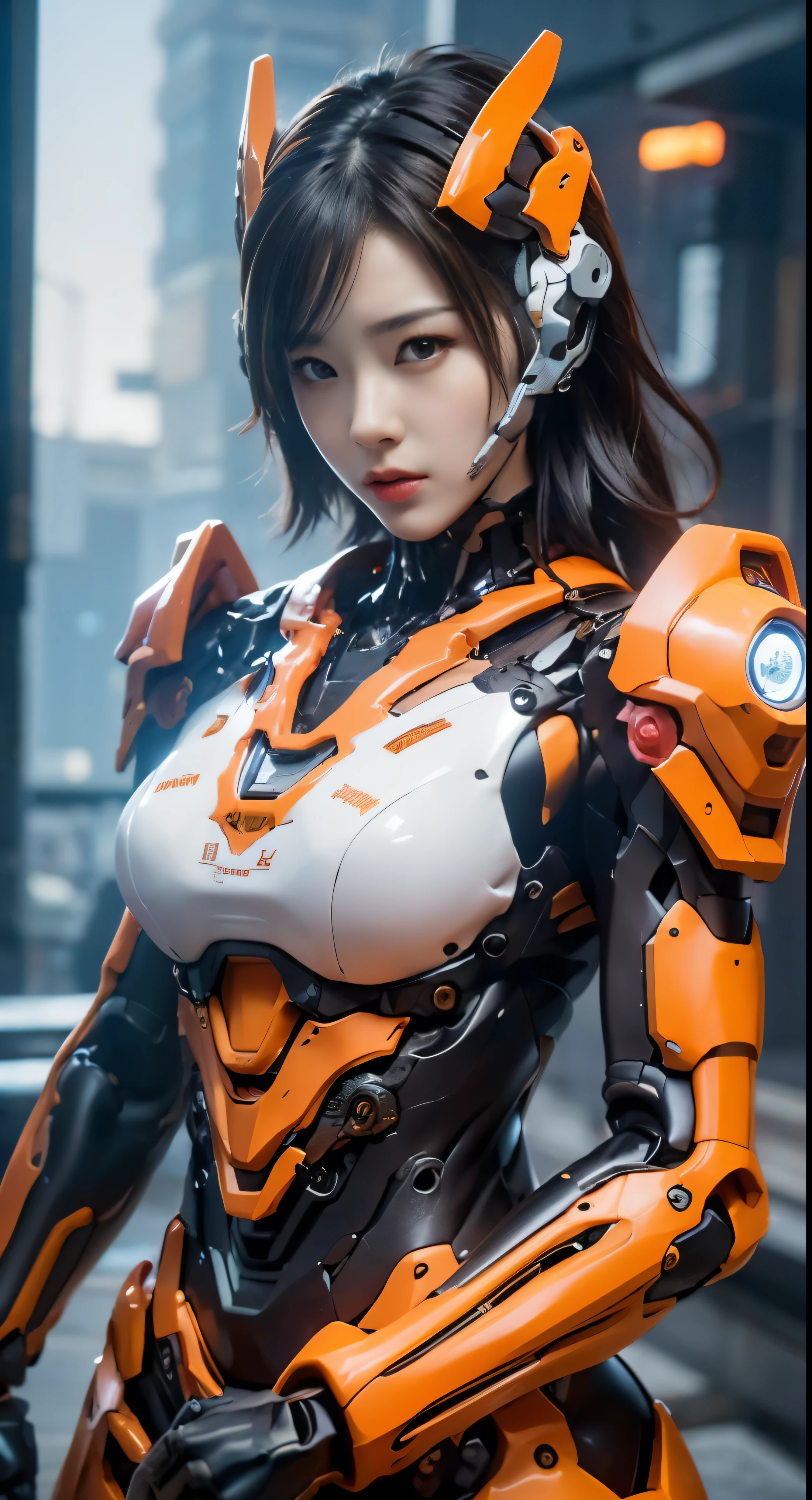 ((tmasterpiece,best qualtiy)), illustratio,1girll,helmet mecha,Large breasts,dynamicposes, ultra-detailed 8K, realisticlying, Clear focus, ighly detailed, profetional lighting, Colorful Detailed, Long shot from rainbow color separation factory, large mechanical robot construction, microchips, a computer, with light glowing, intricate detailes, shitu-mecha, 1girll, wearing mecha, nabel, colorful image, with light glowing, (Cyberpunk Personality),xiaowu, purple