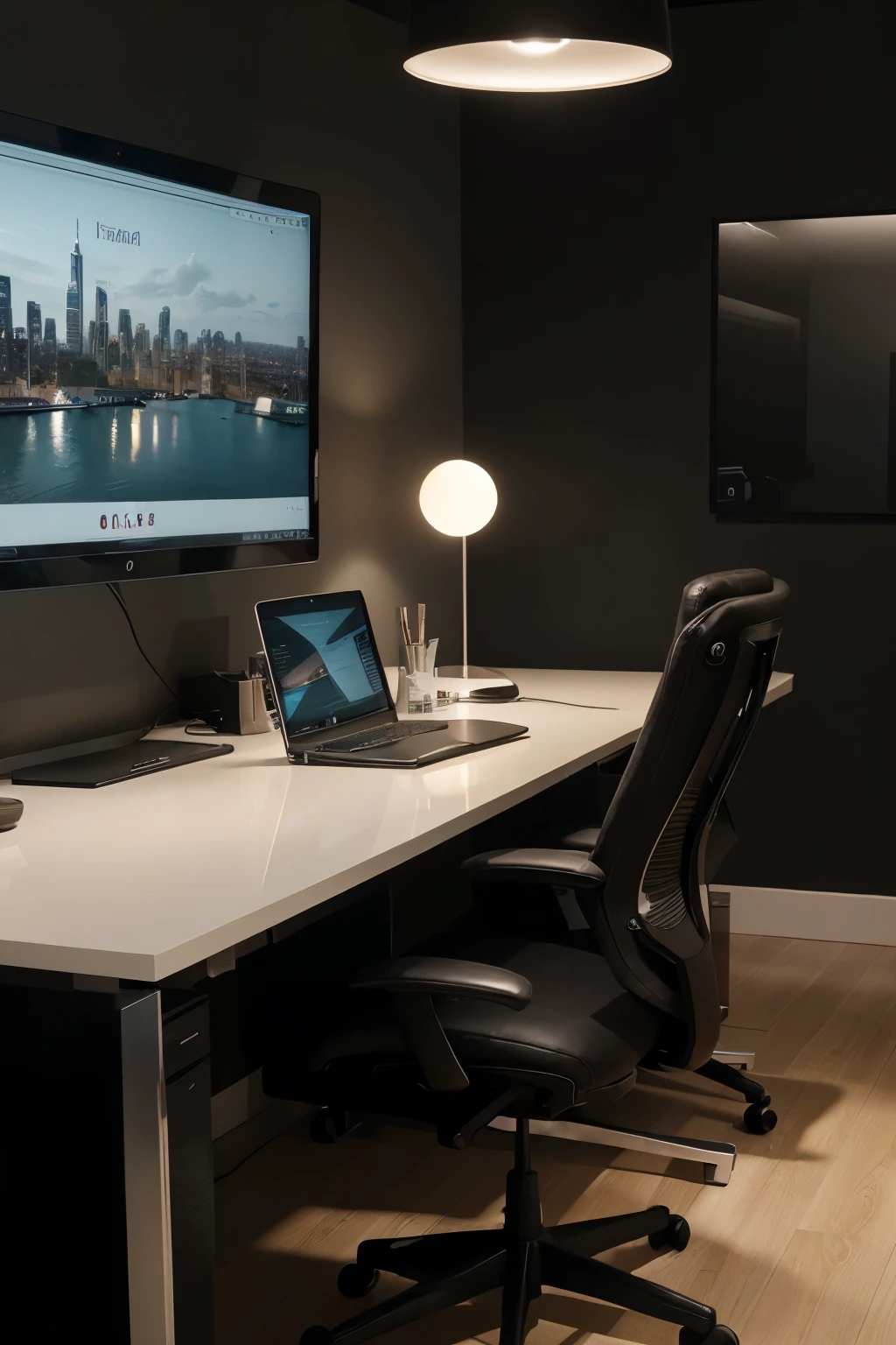 Design a sophisticated and detailed image of a high-resolution desktop screen displaying a sleek, modern dashboard in an elegant corporate office setting. The dashboard is prominently featuring a chatbot message column on one side, where interactive and intelligent chatbot responses are highlighted. The interface of the dashboard should be clean and intuitive, with a color scheme that blends seamlessly with the overall elegant and professional atmosphere of the office. The environment around the desktop showcases a luxurious corporate office, with a spacious desk made of polished wood or a contemporary material, ambient lighting that casts soft shadows, and perhaps a backdrop of floor-to-ceiling windows offering a panoramic view of the city skyline. The office should reflect a high level of sophistication, with minimalistic but high-end decor such as a designer lamp, a couple of tastefully chosen art pieces, and a comfortable, ergonomic office chair. The scene captures the essence of modern corporate luxury, where technology and design converge to create a productive yet aesthetically pleasing workspace