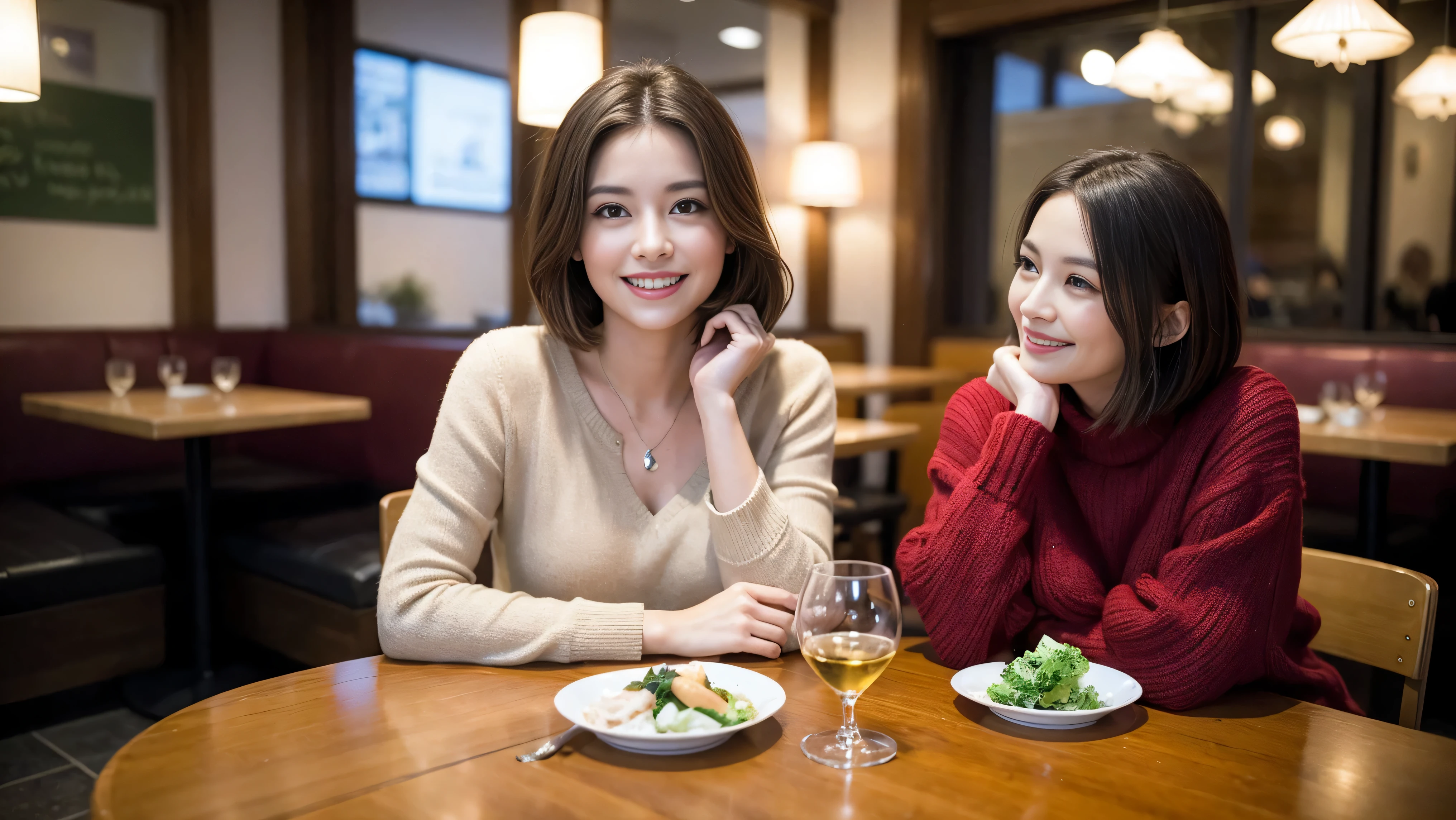 (including 64k、nffsw、highest quality、masterpiece:1.2)、(realistic、Photoreal:1.37)、Super detailed、wine glass、while enjoying wine、mature woman、two beautiful women、(slim face)、(because I&#39;thin)、（brown hair）、(shortcut)、Latino、smileのフランス人女性、happy italian girl、british woman、Americana、cheeks slightly red、(38 years)、42 years old、red wine、窓の外には美しく緻密なnight景が広がります.......、restaurant、目立つ場所にあるwine glass、night、(from the waist up)、sit on top、date、(laughter:1.15)、fine and beautiful eyes、cashmere sweater、long sleeve dress、Japanese、(short hair:1.2)、Float NovaFrogStyle、、modeled、from the waist up、White wine、turned into slime、wine glass、超綺麗なnight景、wine glassを真ん中に置きます、smile、(8k、RAW photo、highest quality、masterpiece:1.2)、(realistic、Photoreal:1.37)、Super detailed、ultra high resolution、2 females、see the beholder、beautiful and detailed face、laughter、narrow、(slim waist) :1.3)、knit shirt、Fine and beautiful skin、skin texture、floating hair、professional light needle breast、kind eyes