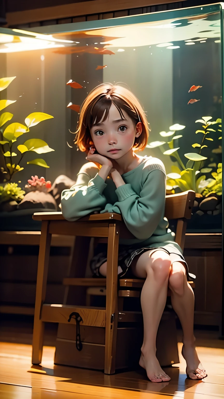 Portrait、miniature photo style、one girl、focus on girl、brown hair、shortcut、(((Large aquarium、aquarium)))、Foliage plant、succulent plants、beautifully laid out、完璧にblurred background、A well-coordinated room、sitting in a chair、highest quality、best image quality、ultra high resolution、Super detailed、８ｋ、cinematic lighting、professional photographer、miniature、blurred background、