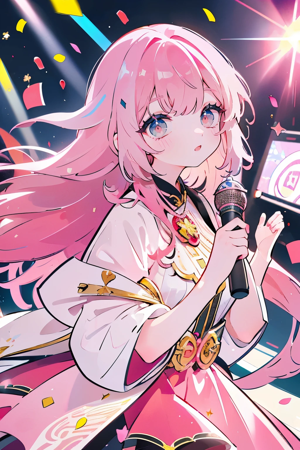(muste piece), (best quality), very detailed, ((1 girl)), solo focus,Viewer's perspective,Low - Angle,dynamic,jump,(A big smile),wink,perfect face, beautiful face, very detailedな顔,((Pink hair long hair_red eyes:1.3)),Gorgeous idol costumes,solo idol,ribbon hair ornament,concert dome,live,have a microphone,singing,smiling with mouth wide open,Laser Light,Spotlight,Lots of confetti