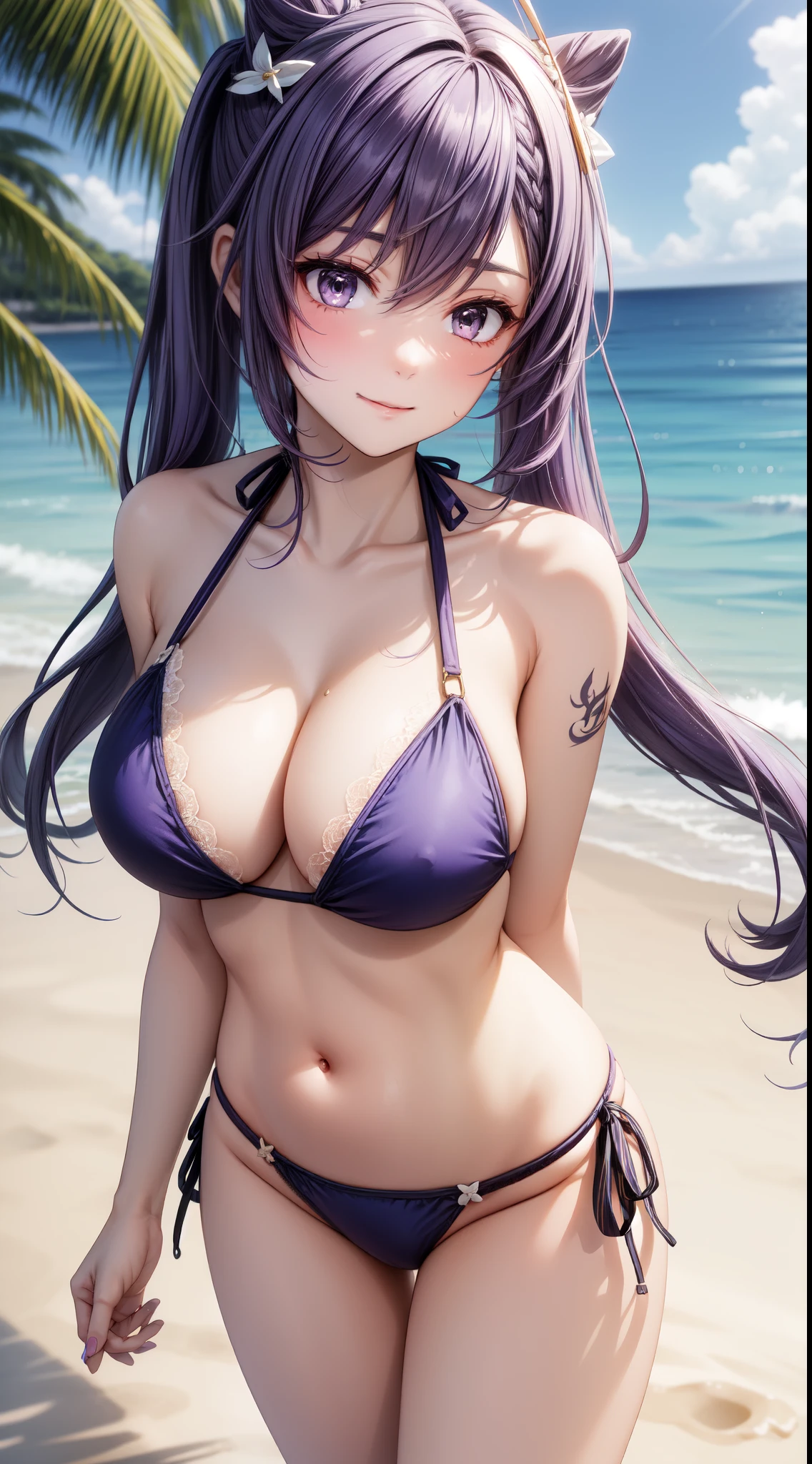 anime, beautiful face, highly detailed face, (2 accurate legs:1), purple detailed eyes, highly detailed beach background, perfect lighting, best lighting, (no shadows:1.2), 1girl, solo, outdoors, genshin impact, keqing, (beautiful purple hair:1.2), absurdres, high res, ultrasharp, 8K, masterpiece, looking at viewer, teasing smile, facial expressions full of love, BREAK (detailed sexy beach bikini:1.5), (all intricate lace:1.2), sexy pose, arching back, (extremely close up:1.3), standing up