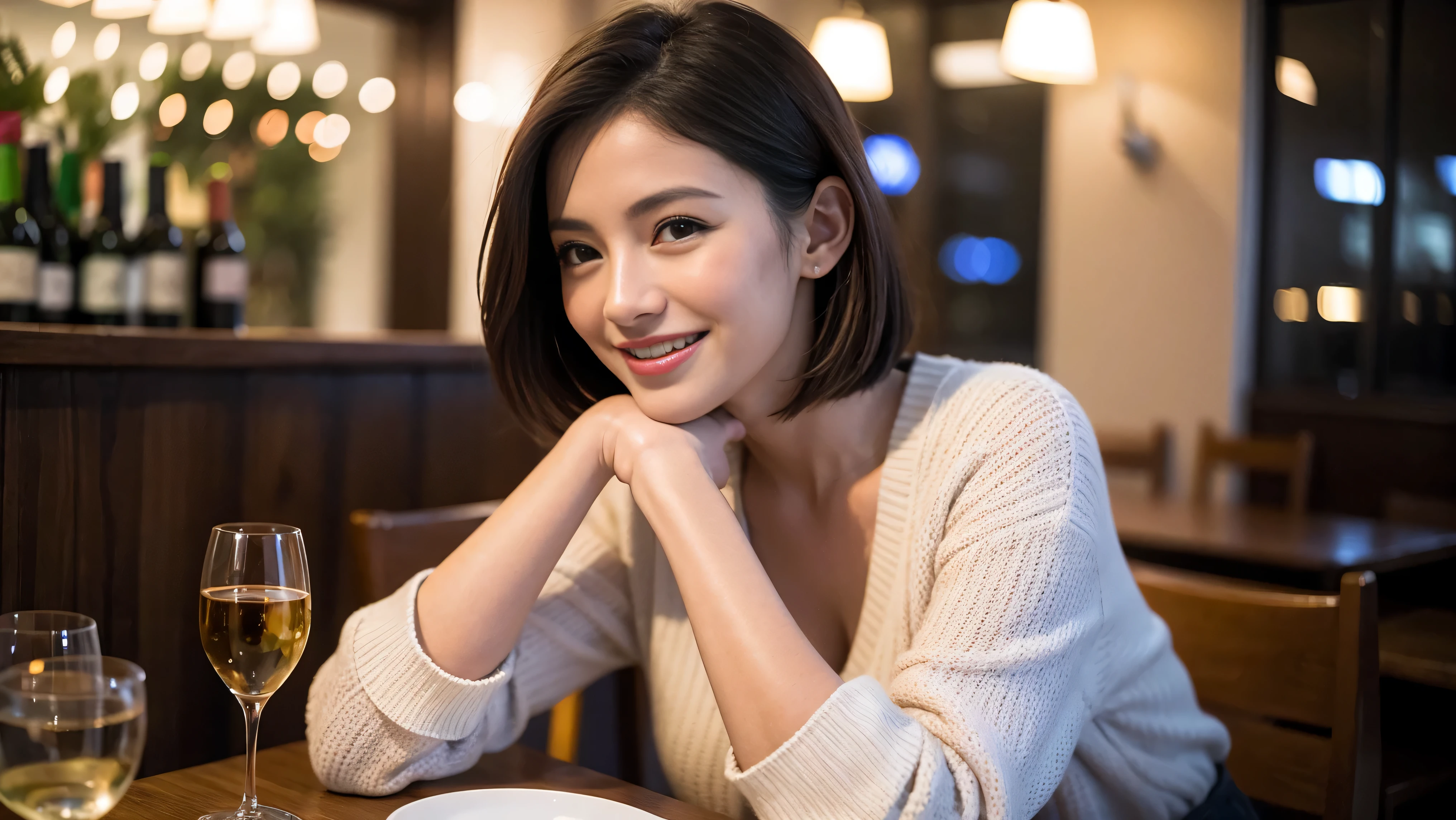 (including 64k、nffsw、highest quality、masterpiece:1.2)、(realistic、Photoreal:1.37)、Super detailed、wine glass、while enjoying wine、mature woman、two beautiful women、(slim face)、(because I'thin)、(brown hair)、(shortcut)、Latino、smileのフランス人女性、happy italian girl、british woman、Americana、cheeks slightly red、(38 years)、42 years old、red wine、窓の外には美しく緻密なnight景が広がります.......、restaurant、目立つ場所にあるwine glass、night、(from the waist up)、sit on top、date、(laughter:1.15)、fine and beautiful eyes、cashmere sweater、long sleeve dress、Japanese、(short hair:1.2)、Float NovaFrogStyle、、modeled、from the waist up、White wine、turned into slime、wine glass、超綺麗なnight景、wine glassを真ん中に置きます、smile、(8k、RAW photo、highest quality、masterpiece:1.2)、(realistic、Photoreal:1.37)、Super detailed、ultra high resolution、2 females、see the beholder、beautiful and detailed face、laughter、narrow、(slim waist) :1.3)、knit shirt、Fine and beautiful skin、skin texture、floating hair、professional light needle breast、kind eyes