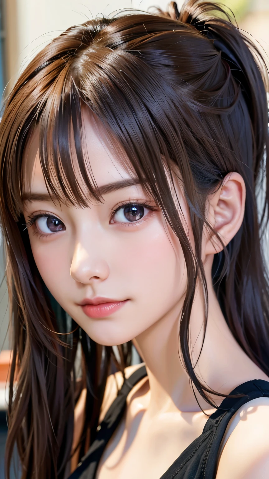 masterpiece, 最high quality, ultra high resolution, (realistic:1.4), detailed beautiful face, fine clothes, amazing european women, wearing a white tank top, So cute, Portrait, 肌が柔らかくてperfect face、perfect face, gorgeous long ponytail brown hair, 8K resolution,Super realistic,super detailed,high quality, (small breasts:1.2), wide field of view