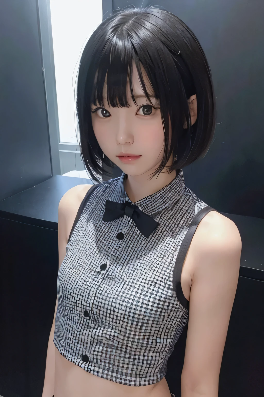 masterpiece, best quality, highly detailed, (indoors:1.5), outdoors,
:3, solo, 1girl, black eyes, wavy hair, small breasts ,<lora:nakashimayuki_lora:0.95>, <lora:JapaneseDollLikeness_v15:0.1> <lora:flat2:1> <lora:add_detail:-1.5>, (side bangs:1.5), full body, Lips slightly open, sitting, clavicle, Arm at side
black t-shirt