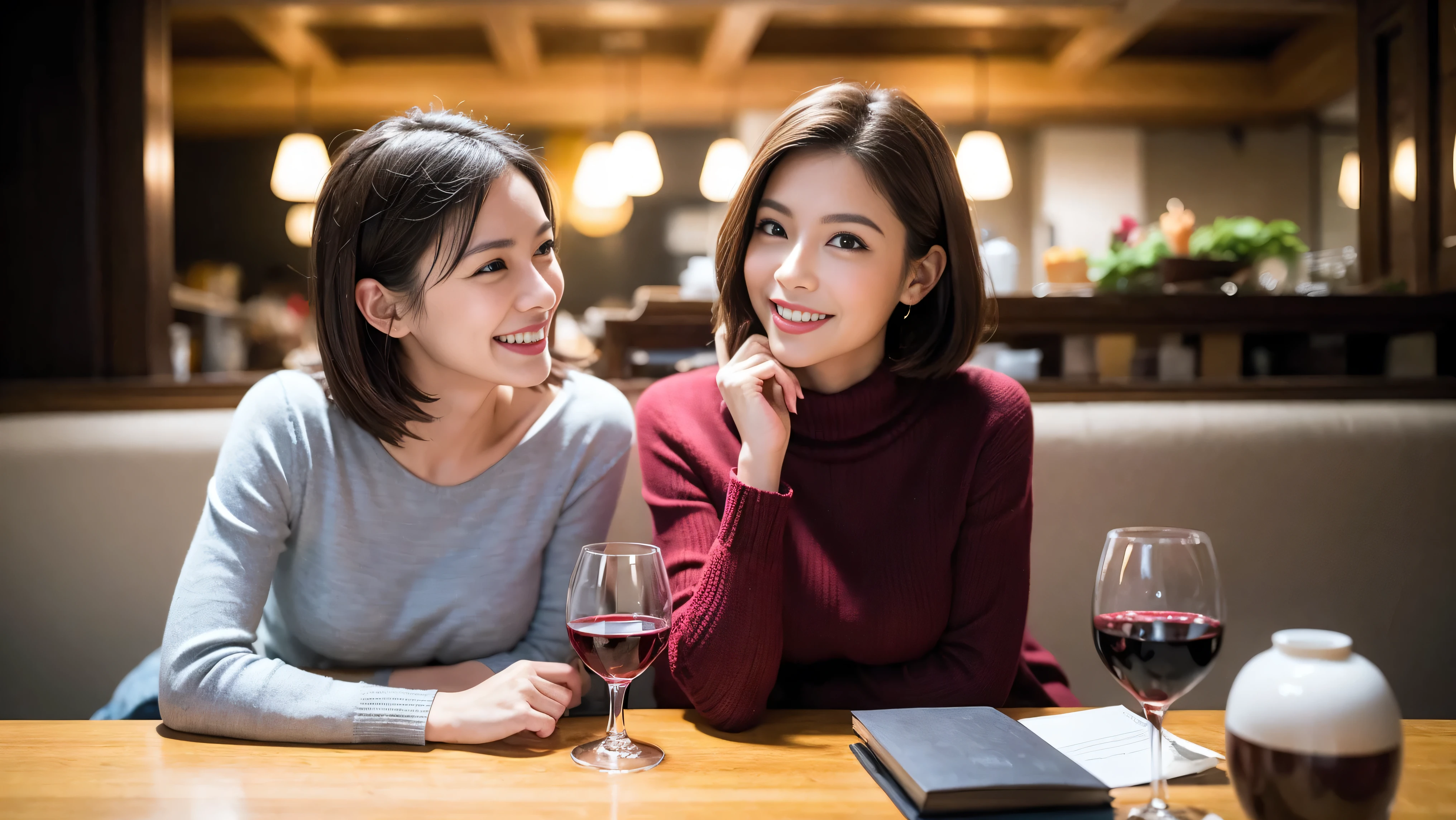 (including 64k、nffsw、highest quality、masterpiece:1.2)、(realistic、Photoreal:1.37)、Super detailed、wine glass、while enjoying wine、mature woman、two beautiful women、(slim face)、(because I'thin)、(brown hair)、(shortcut)、Latino、smileのフランス人女性、happy italian girl、british woman、Americana、cheeks slightly red、(38 years)、42 years old、red wine、窓の外には美しく緻密なnight景が広がります.......、restaurant、目立つ場所にあるwine glass、night、(from the waist up)、sit on top、date、(laughter:1.15)、fine and beautiful eyes、cashmere sweater、long sleeve dress、Japanese、(short hair:1.2)、Float NovaFrogStyle、、modeled、from the waist up、White wine、turned into slime、wine glass、超綺麗なnight景、wine glassを真ん中に置きます、smile、(8k、RAW photo、highest quality、masterpiece:1.2)、(realistic、Photoreal:1.37)、Super detailed、ultra high resolution、2 females、see the beholder、beautiful and detailed face、laughter、narrow、(slim waist) :1.3)、knit shirt、Fine and beautiful skin、skin texture、floating hair、professional light needle breast、kind eyes