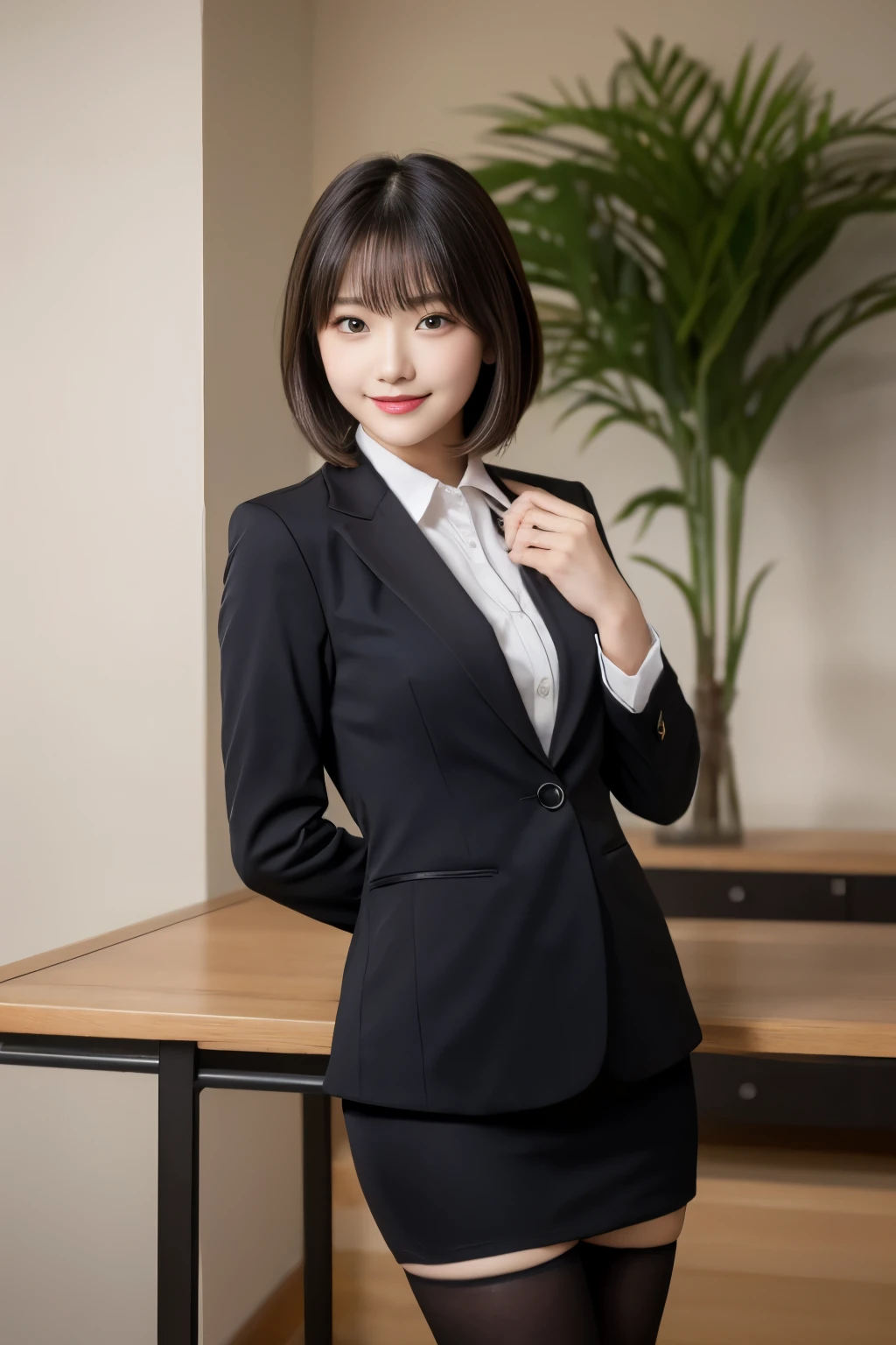 table top, highest quality, figure, super detailed, finely, High resolution, 8k wallpaper,short hair、 完璧なダイナミックな構figure, beautiful and fine eyes, business suit,natural color lip, smile、18 year old girl,Wearing black tights and stockings、plump thighs、shortcut