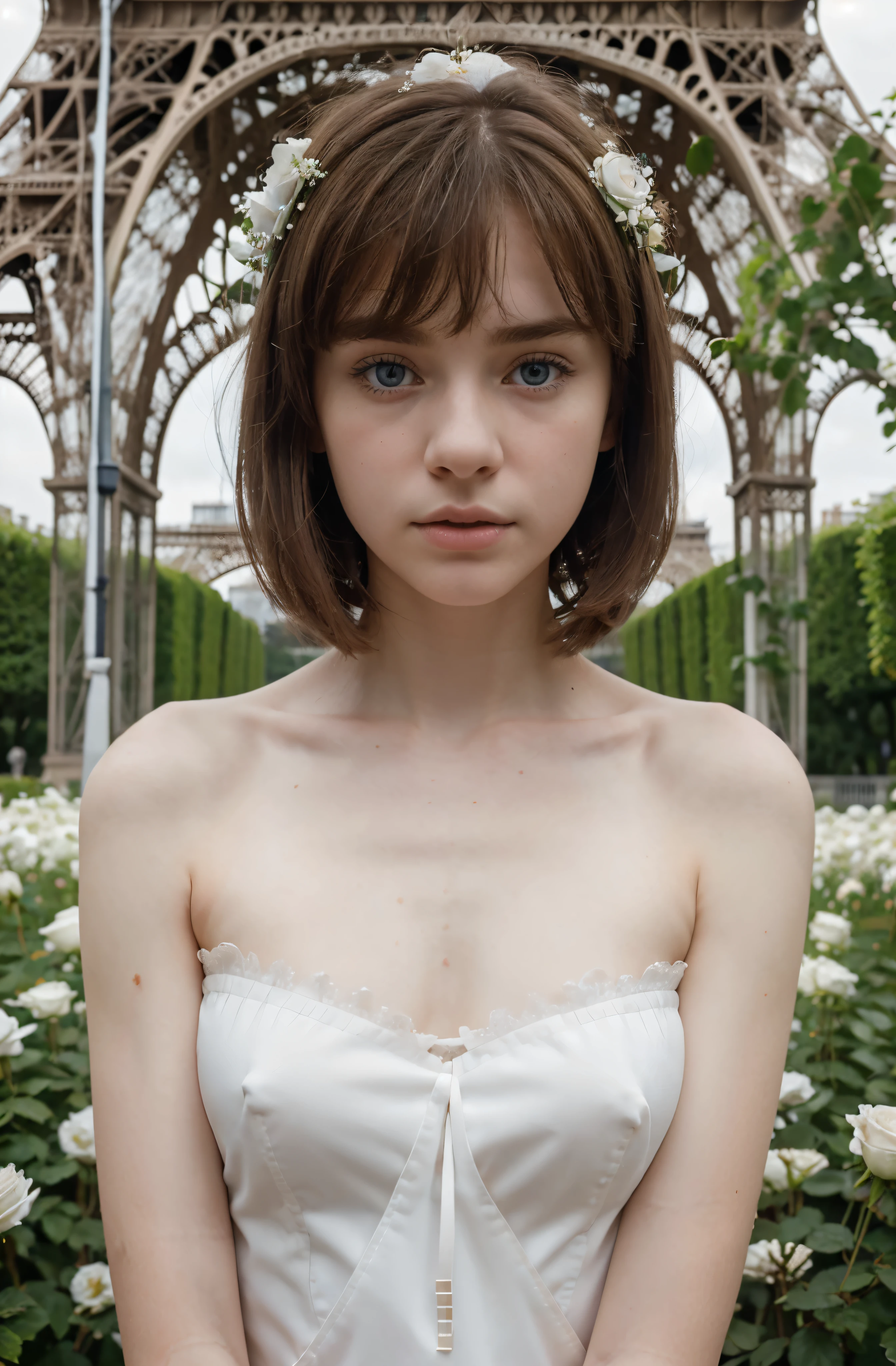 (Mejor calidad,hyper realistic,ultra detallado,8K), adolescente, , shy, triste, palidez, grandes ojos azules, piel muy blanca, small nose, short brown hair with bangs, melancholia, delicado, femenino, cuerpo delgado, garden of a thousand white roses, Torre Eiffel.