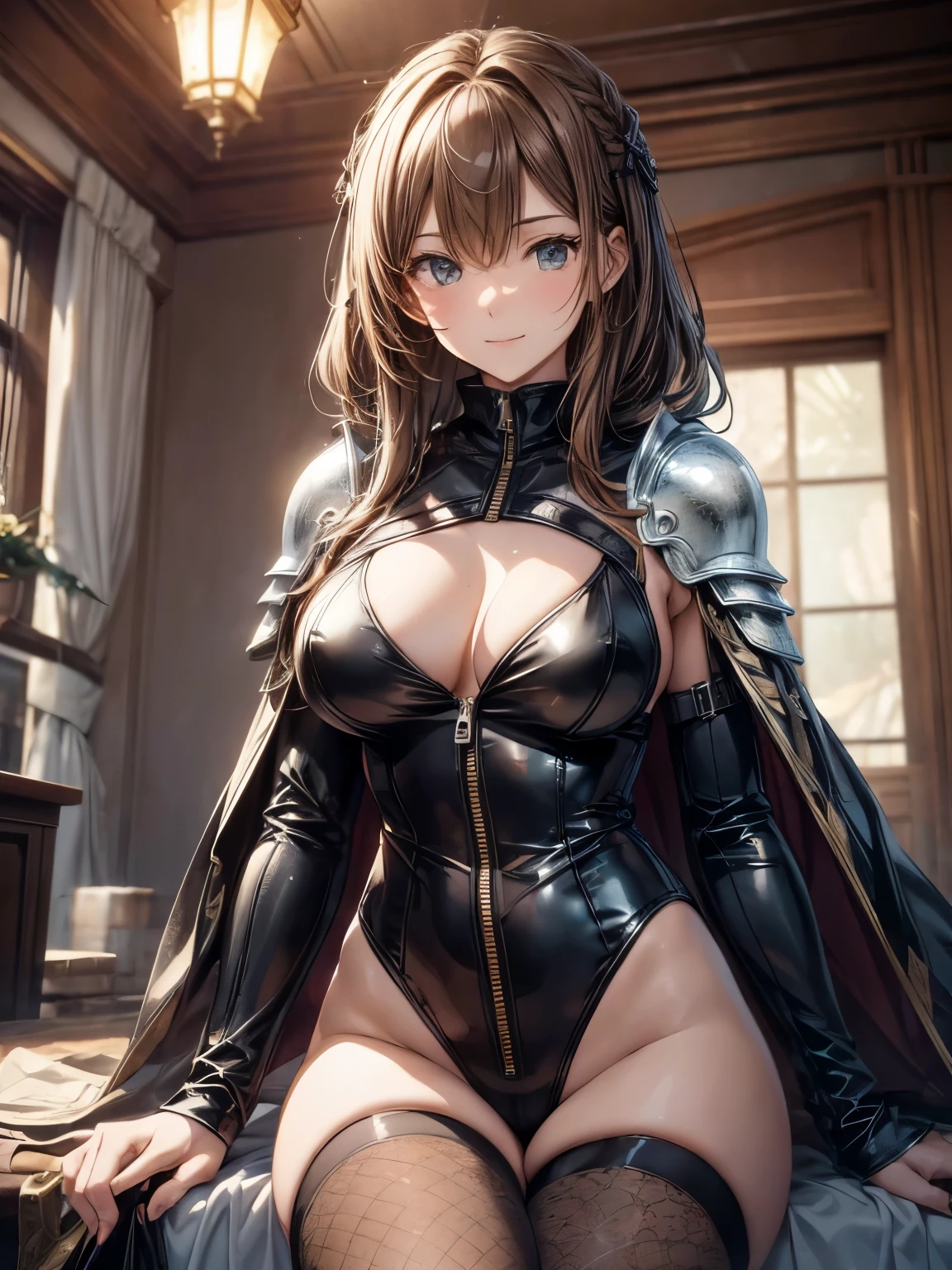 highest quality、complete limbs、Refers to the whole、1 beautiful woman、beautiful big breasted woman:1.3、((brown haired woman))、big smile、straight hair woman、female knight、((A woman equipped with full armor))、(((Black high neck leotard with zipper:1.woman wearing 3)))、A woman wearing a white cloak、sexy pose、((woman wearing brown pantyhose:1.3))、inside the castle