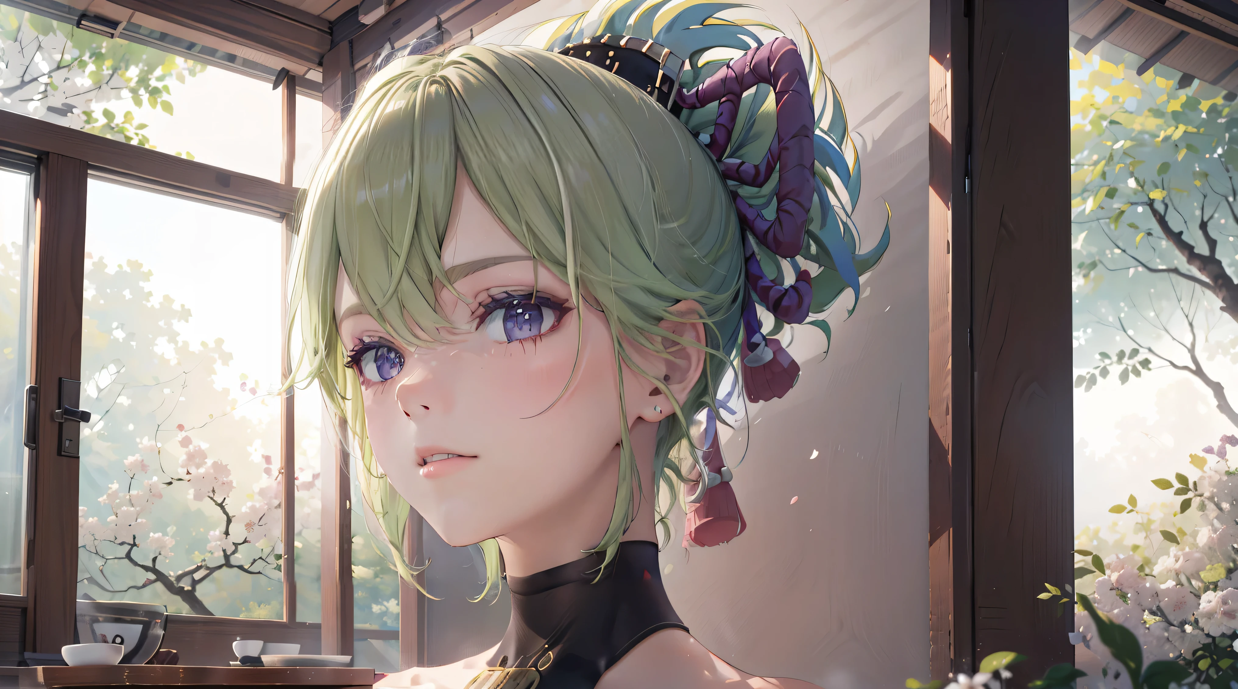 Beautiful proportions, thin, (best quality,8k,height,Masterpiece:1.2),(realistic,photorealistic,photo-realistic:1.37), in purple eyes , Wearing a Japanese miko costume., Traditional Japanese Bakery,Beautifully detailed eyes,happiness,glowing eyes,smile,บรรยากาศquiet,Traditional Japanese clothing,work(best quality,Comprehensive,advertisement:1.2),bright and warm,sweet and sleepy,complete happiness,smileสดใส,cherry tree,quiet,aroma,dreamlike,bright colors,delicate light,Traditional Japanese tea set,Lively atmosphere, พื้นหลังเป็นเมืองญี่ปุ่นเก่าแก่ที่มีcherry tree.,