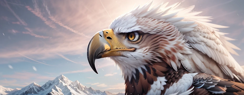 (best quality,4k,8k,highres,masterpiece:1.2),ultra-detailed,(realistic,photorealistic,photo-realistic:1.37),HDR,UHD,studio lighting,sharp focus,physically-based rendering,extreme detail description,professional,vivid colors,bokeh,portraits,landscape

An eagle flying over mountains, snowy peaks. Sunny day, Majestic eagle flying with GoPro mounted on its back, ultra-detailed, realistic, and detailed feathers [eagle, feathers]. The eagle has a sharp and focused gaze, with beautifully detailed eyes [eagle, beautiful detailed eyes]. Its beak is strong and prominent, adding to the regal appearance. The majestic bird soars gracefully, its wings extended wide with intricate feather patterns. The mountains in the background are covered in snow, creating a breathtaking landscape [mountains, snowy peaks, landscape]. The sunlight illuminates the scene, casting warm rays on the entire composition [sunny day, studio lighting]. The colors are vivid and vibrant, enhancing the realism of the image [vivid colors]. The GoPro camera mounted on the eagle's back captures a stunning bird's-eye view perspective, adding an element of uniqueness and adventure to the artwork. This artwork is a masterpiece, showcasing the beauty and power of the eagle and the grandeur of the mountains [masterpiece, professional]. The level of detail is extraordinary, capturing every feather, every texture, and every nuance of the scene [ultra-detailed, extreme detail description]. The image is rendered in high resolution, allowing for the finest details to be appreciated [4k, 8k, highres]. The style of the artwork is a blend of realistic and photorealistic, creating a visually stunning portrayal of nature and wildlife [realistic, photorealistic]. The overall color palette is carefully selected to evoke a sense of awe and serenity, with cool tones reflecting the snowy landscape [color tone]. The lighting is expertly executed, highlighting the eagle's majestic presence and casting subtle shadows on the mountainside [studio lighting]. This artwork is a true testament to the beauty and power of nature, a captivating portrayal of an eagle's flight over the snowy peaks [portraits, landscape].