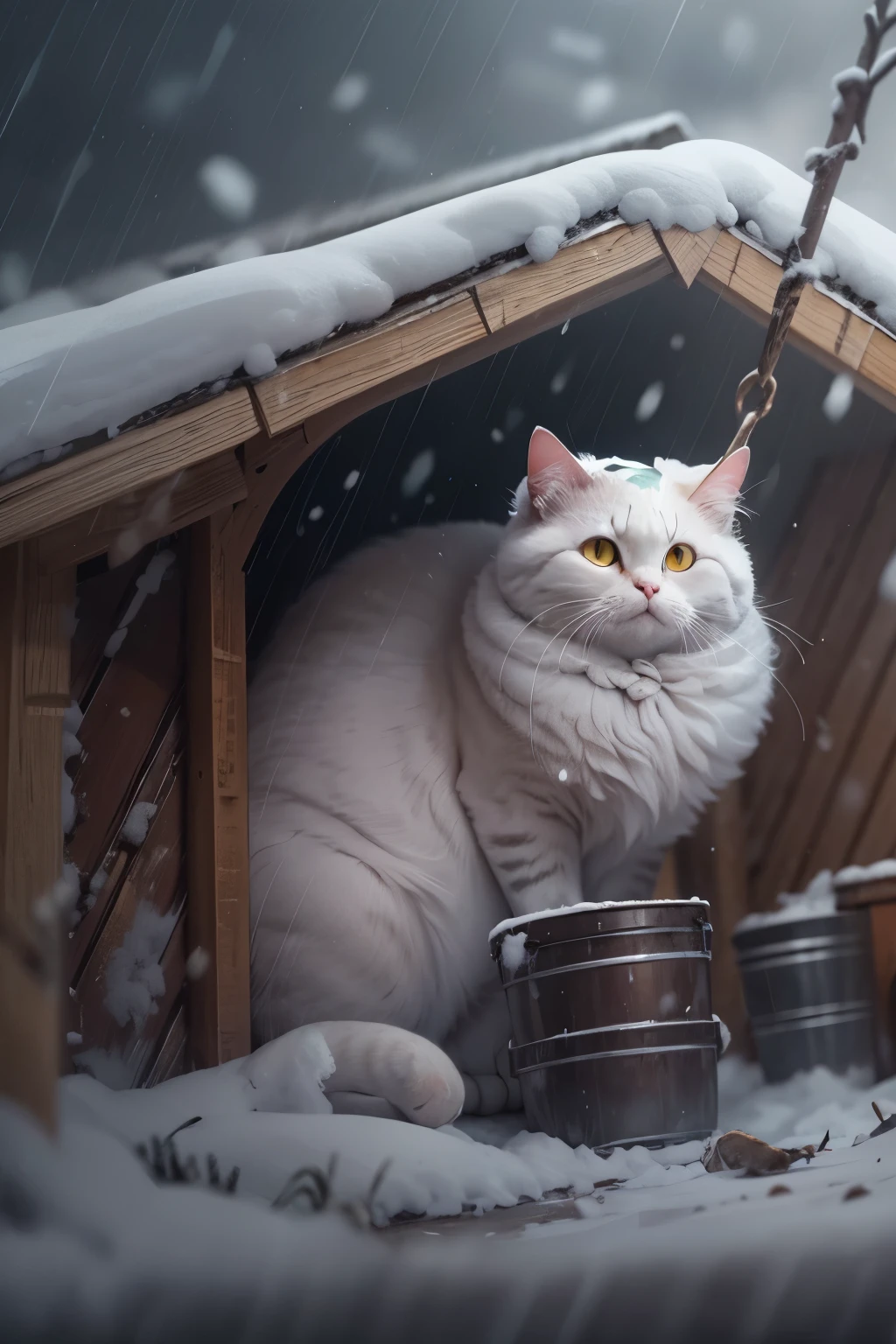 heavy snow day, cute cat with round eyes, Taking shelter from the rain under the roof, countryside