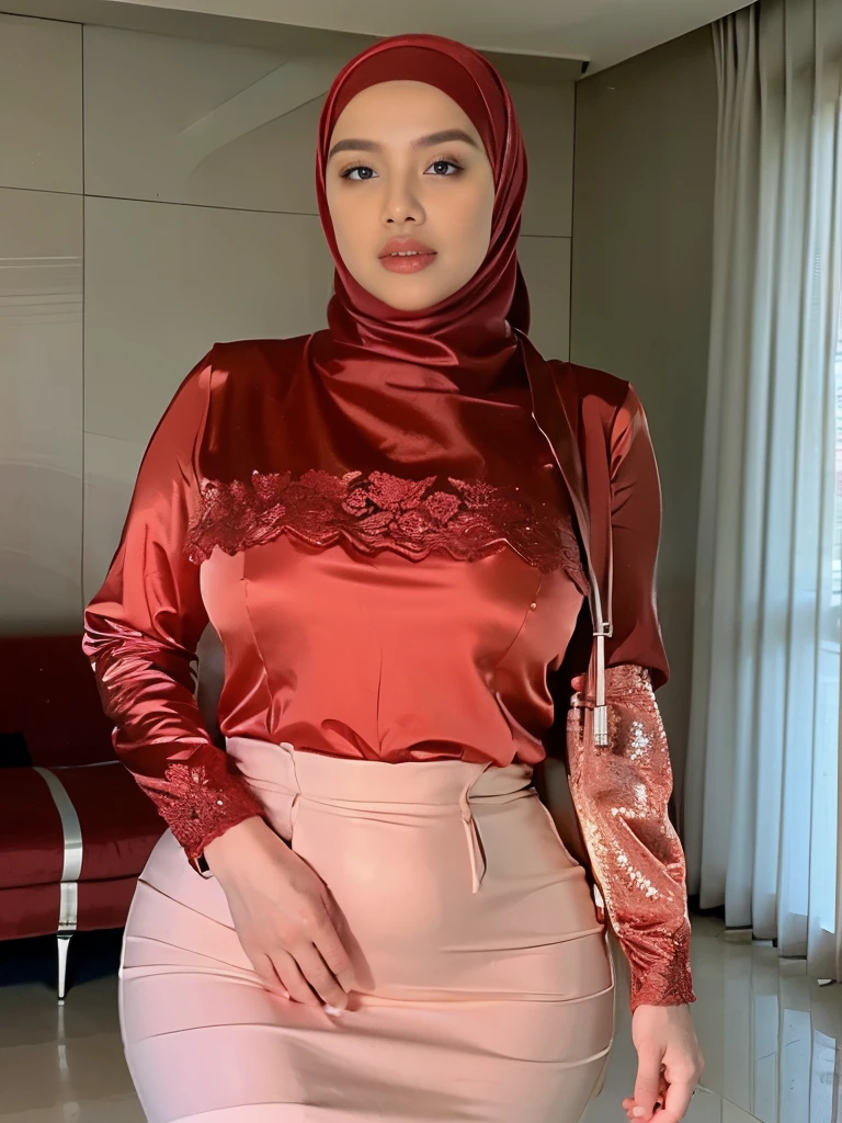 1 matured malay girl in red hijab only, wear sexy red lace longerie, drestremely thin drestremely detailed exposed big breast, overexposed breasts, overexposed navel, overexposed hiptremely detailed pubic hair)), nsfw, bedroom, plump body type, upper body, ((big breast)), seducing, sexy pose, (8k, RAW photo, best quality, masterpiece:1.2), (realistic, photo-realistic:1.37), ((overexposed breasttremely detailed big breast)), extremely detailed fully erected , erected  visible, (((MILF))), extremely excellent natural light, closed up, upper body shot