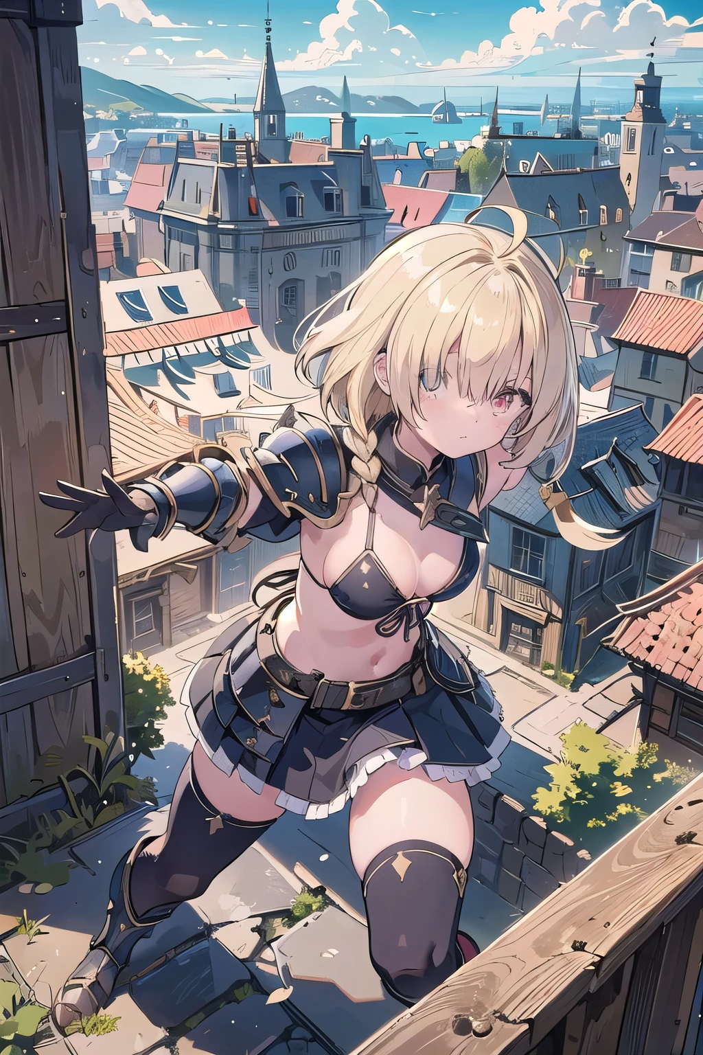 masterpiece, medieval townscape　horizon　Upper body　girl　((((bikini armor))))　skirt　Thighhighs　((fighting pose)),((fighting stance))　clear　blonde　((((((hair above one eye)))))), Braidスタイル, spike hair, dull bangs, bob hair, Braid, Ahoge　red eyes　looking at the viewer　glare　adventurer　military cap　((From above)), From the side,