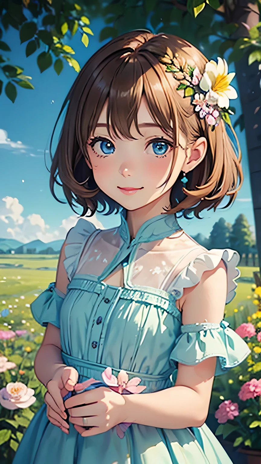 highest quality, pastel painting, Gentle atmosphere, girl 2, cute, smile happily, brown short hair of different colors,,, Blue-eyed ones, Green-eyed ones, different color dresses, flower hair ornament, Upper body, looking at the viewer, space, meteor, light,