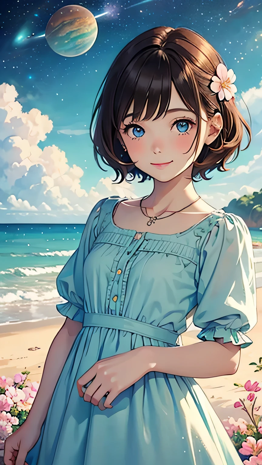 highest quality, pastel painting, Gentle atmosphere, girl 1, cute, smile happily, brown short hair of different colors,,, Blue-eyed ones, Green-eyed ones, different color dresses, flower hair ornament, Upper body, looking at the viewer, space, meteor, light,
