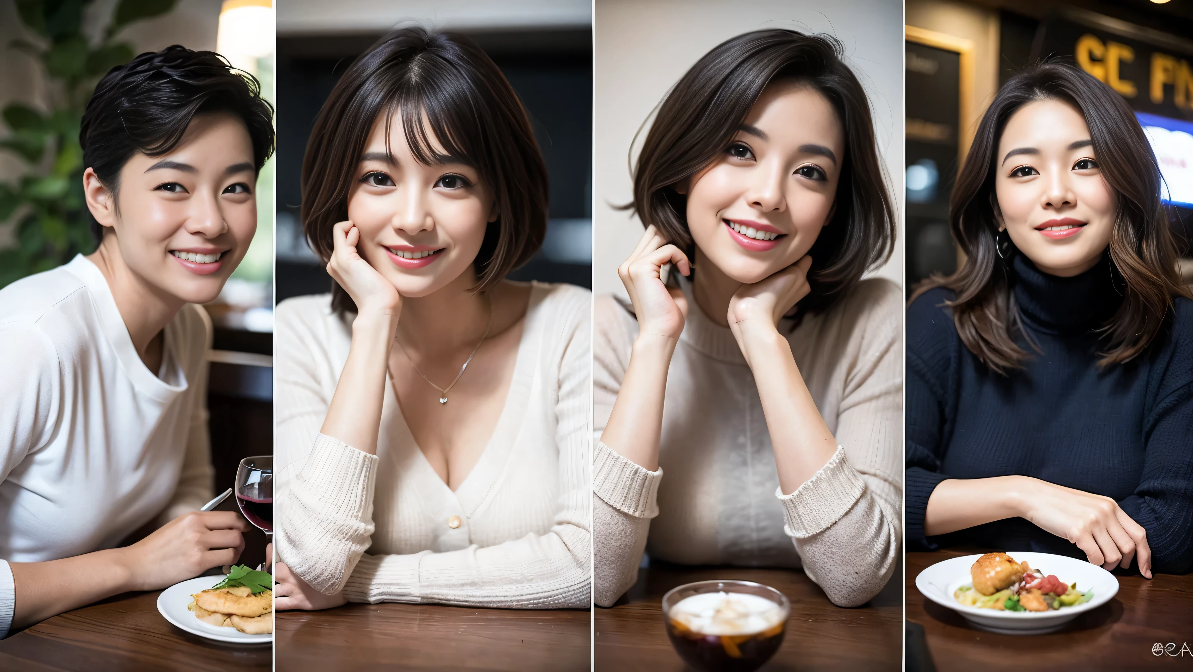 (including 64k、nffsw、highest quality、masterpiece:1.2)、(realistic、Photoreal:1.37)、Super detailed、wine glass、while enjoying wine、mature woman、two beautiful women、(slim face)、(because I&#39;thin)、（brown hair）、(shortcut)、Latino、smileのフランス人女性、happy italian girl、british woman、Americana、cheeks slightly red、(38 years)、42 years old、red wine、窓の外には美しく緻密なnight景が広がります.......、restaurant、目立つ場所にあるwine glass、night、(from the waist up)、sit on top、date、(laughter:1.15)、fine and beautiful eyes、cashmere sweater、long sleeve dress、Japanese、(short hair:1.2)、Float NovaFrogStyle、、modeled、from the waist up、White wine、turned into slime、wine glass、超綺麗なnight景、wine glassを真ん中に置きます、smile、(8k、RAW photo、highest quality、masterpiece:1.2)、(realistic、Photoreal:1.37)、Super detailed、ultra high resolution、2 females、see the beholder、beautiful and detailed face、laughter、narrow、(slim waist) :1.3)、knit shirt、Fine and beautiful skin、skin texture、floating hair、professional light needle breast、kind eyes