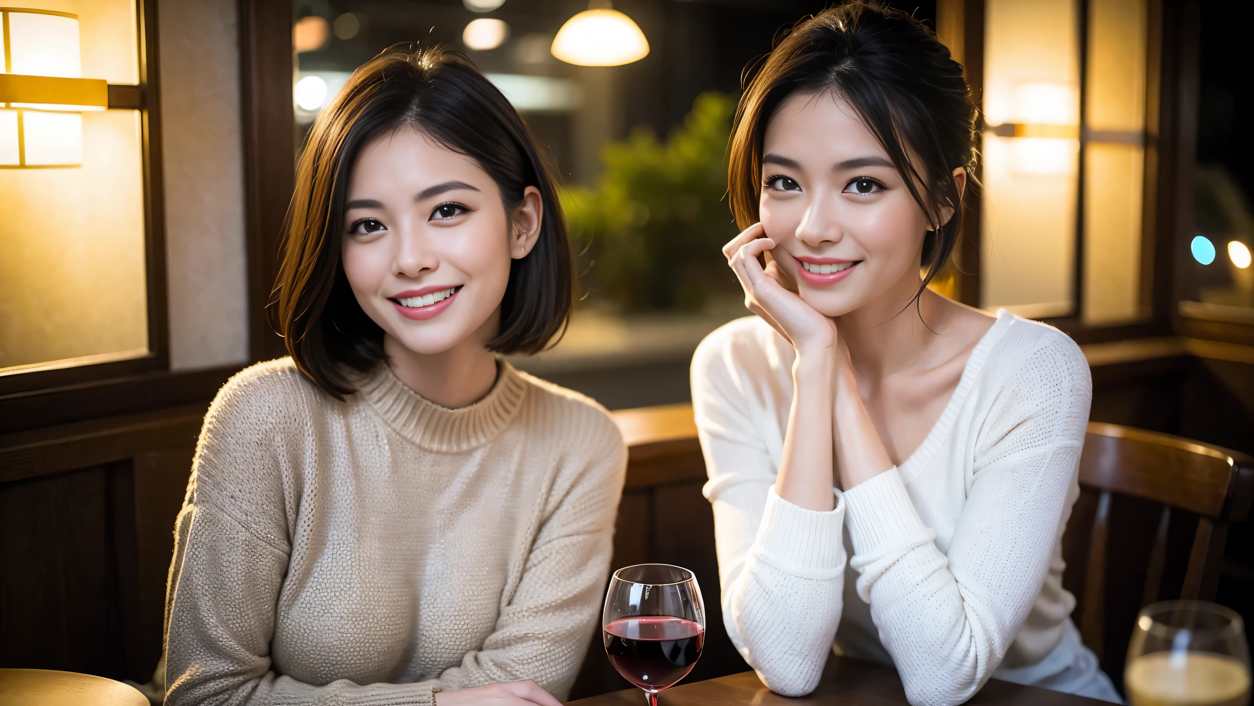 (including 64k、nffsw、highest quality、masterpiece:1.2)、(realistic、Photoreal:1.37)、Super detailed、wine glass、while enjoying wine、mature woman、two beautiful women、(slim face)、(because I'thin)、(brown hair)、(shortcut)、Latino、smileのフランス人女性、happy italian girl、british woman、Americana、cheeks slightly red、(38 years)、42 years old、red wine、窓の外には美しく緻密なnight景が広がります.......、restaurant、目立つ場所にあるwine glass、night、(from the waist up)、sit on top、date、(laughter:1.15)、fine and beautiful eyes、cashmere sweater、long sleeve dress、Japanese、(short hair:1.2)、Float NovaFrogStyle、、modeled、from the waist up、White wine、turned into slime、wine glass、超綺麗なnight景、wine glassを真ん中に置きます、smile、(8k、RAW photo、highest quality、masterpiece:1.2)、(realistic、Photoreal:1.37)、Super detailed、ultra high resolution、2 females、see the beholder、beautiful and detailed face、laughter、narrow、(slim waist) :1.3)、knit shirt、Fine and beautiful skin、skin texture、floating hair、professional light needle breast、kind eyes