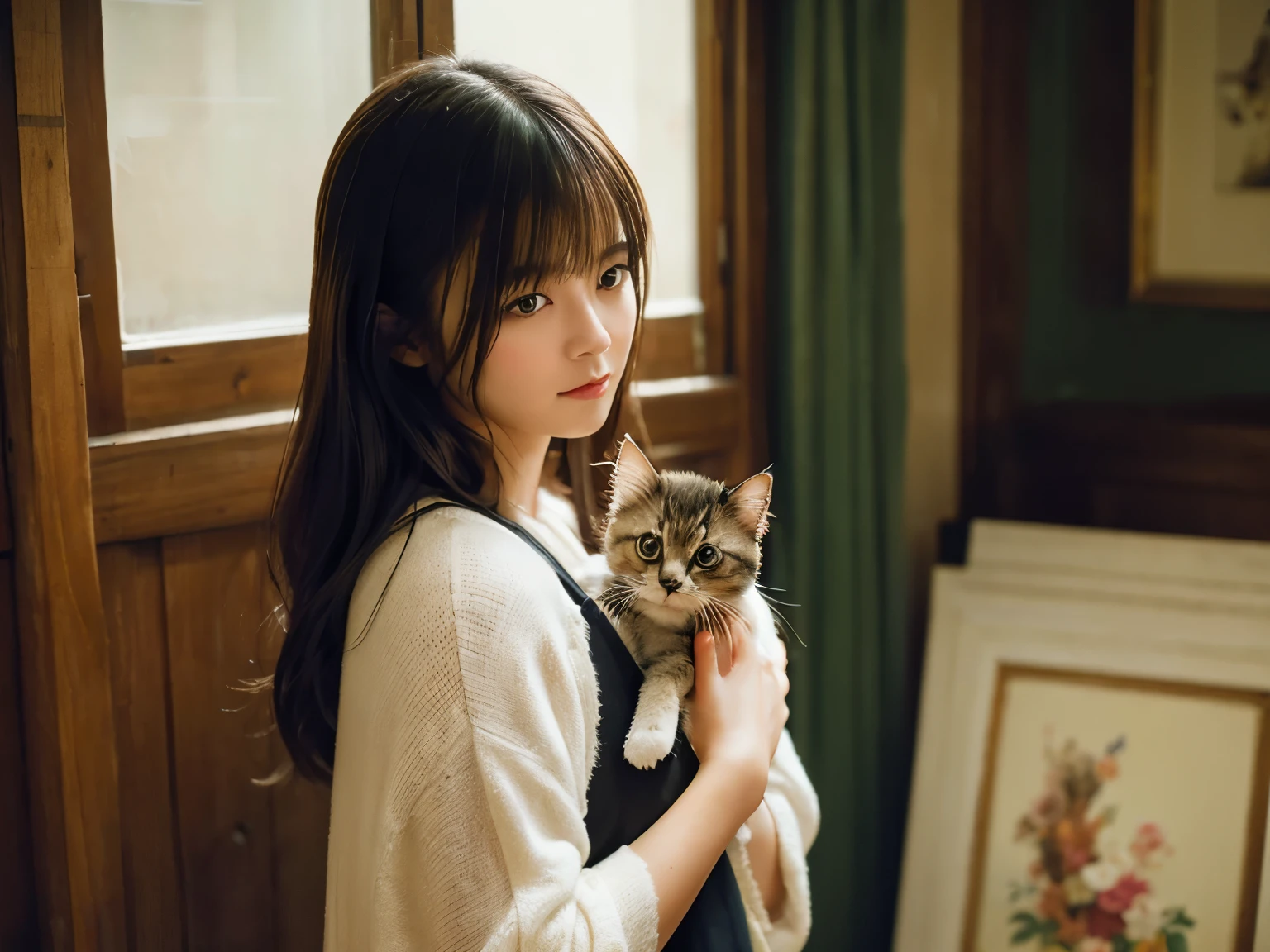 Beautiful woman、Holding a kitten、inside the room、(((highest quality, masterpiece))), (((very detailed)))