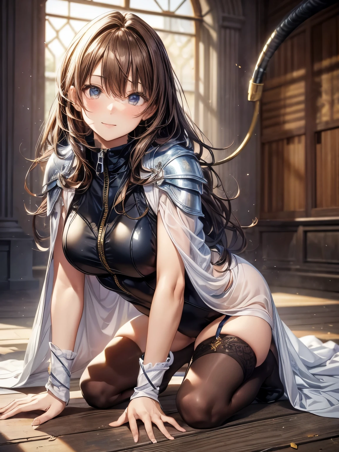 highest quality、complete limbs、Refers to the whole、1 beautiful woman、beautiful big breasted woman:1.3、((brown haired woman))、big smile、straight hair woman、female knight、((A woman equipped with full armor))、(((Black high neck leotard with zipper:1.woman wearing 3)))、A woman wearing a white cloak、sexy pose、((woman wearing brown pantyhose:1.3))、inside the castle、Woman on all fours