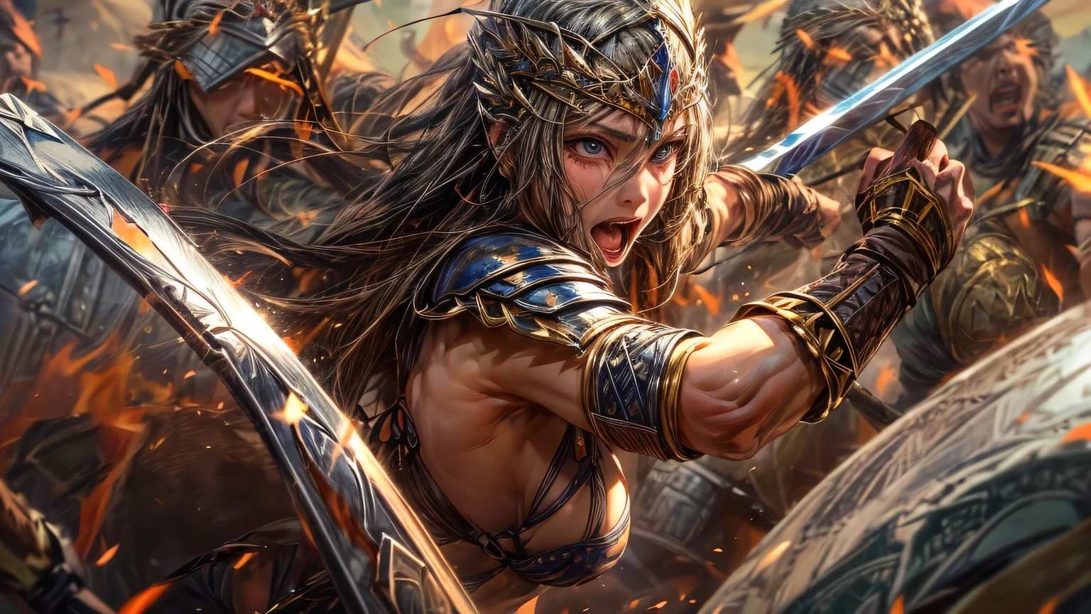 4K, (초고rage질), ((very delicate face)), ((Central background across the center of the battlefield)) they are at war. They fight facing each other from the left and right sides....., The female warrior is on the left.., The Southern Warrior is on the right,knife, axe, shield, Amazon Female Warrior, viking male warrior, ((So many people are fighting.)), ((very delicate)) Female warriors wear thin clothing, bikini style armor.., ((very realistic expression)) Male warriors wore armor with exposed muscles..., Yelling, rage, wind,
