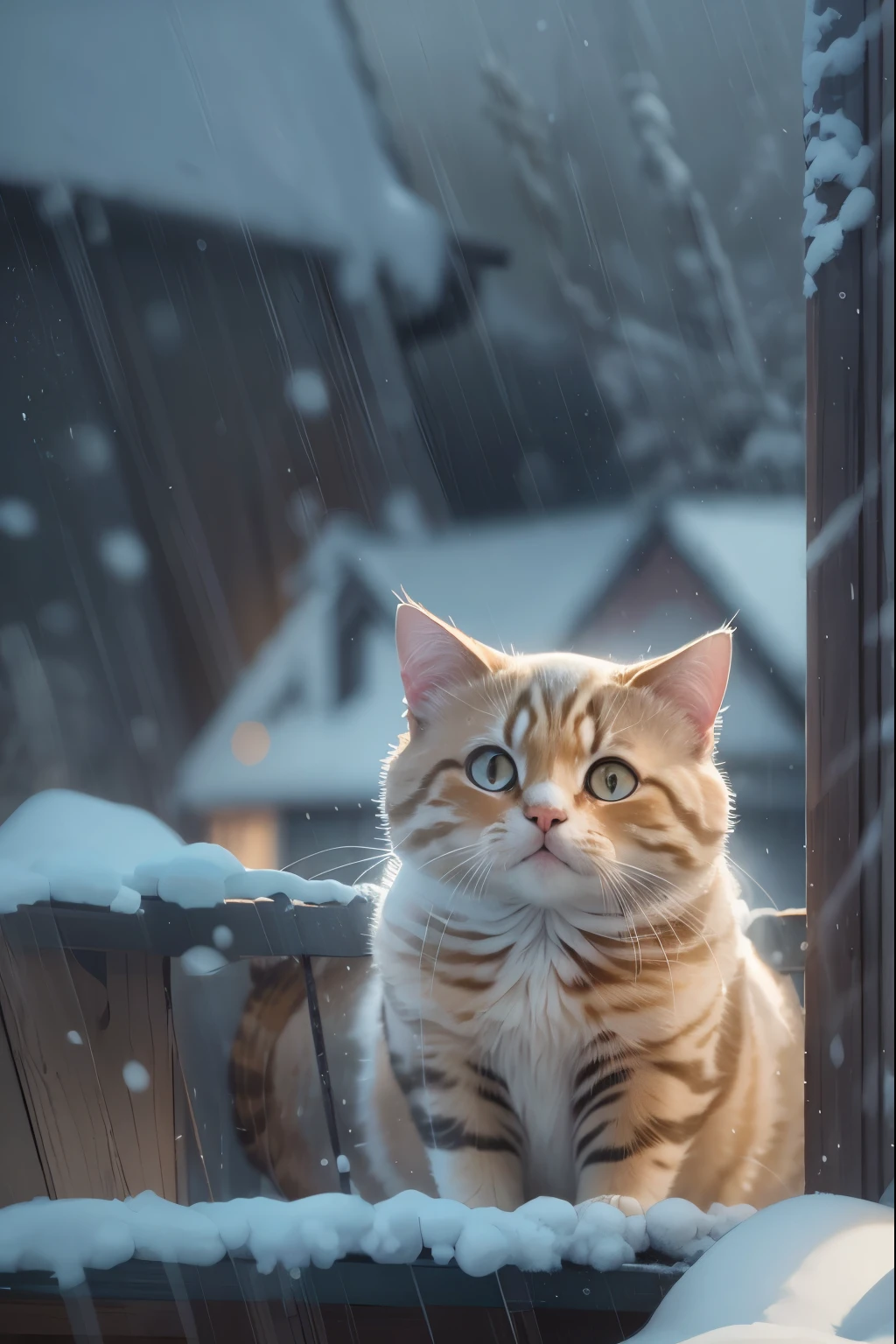 heavy snow day, cute cat with round eyes, Taking shelter from the rain under the roof, countryside