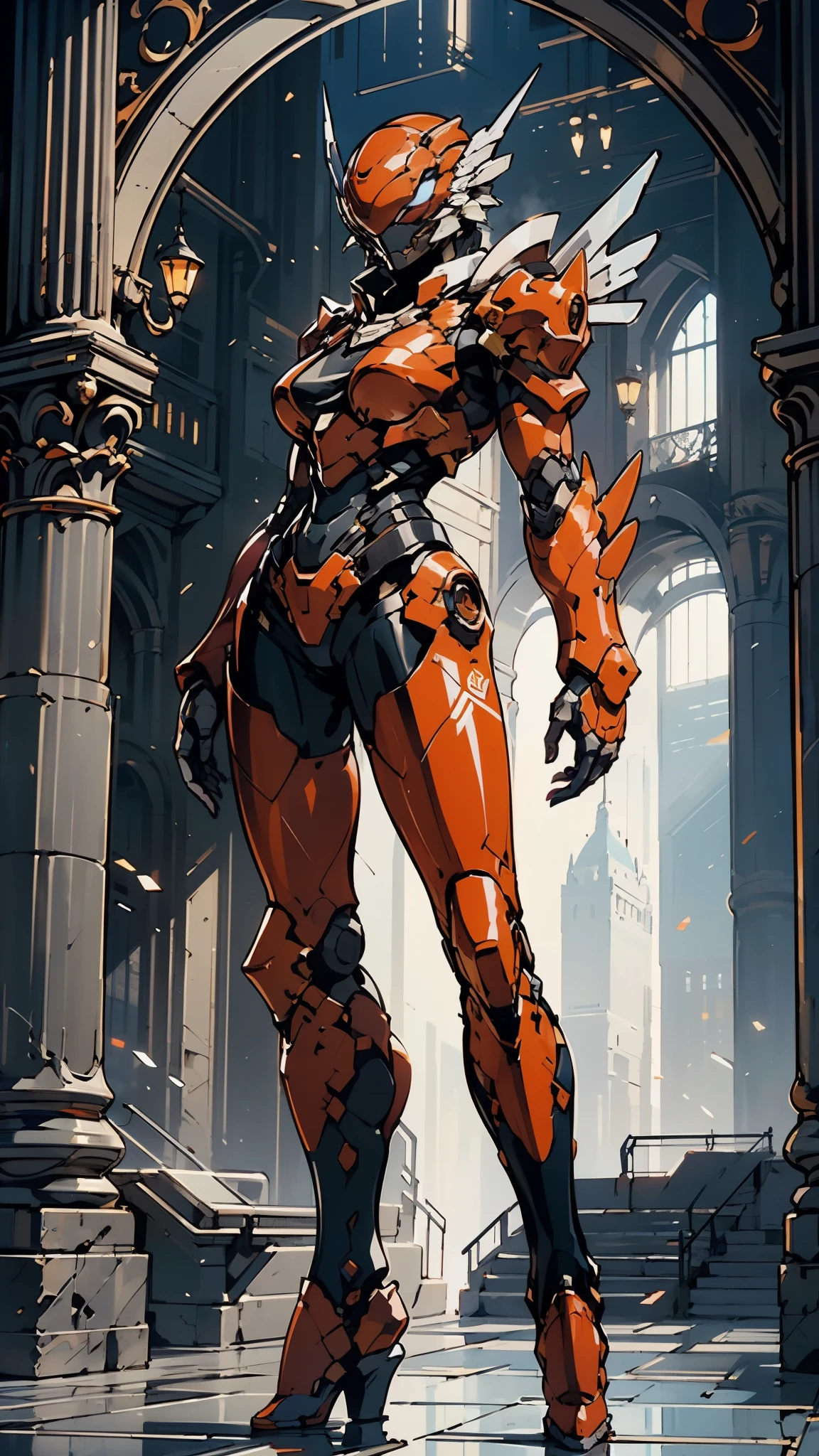 A woman adorned in fantasy-style full-body armor, a crown-concept fully enclosed helmet that unveils only her eyes, a composite layered chest plate, fully encompassing shoulder and hand guards, a lightweight waist armor, form-fitting shin guards, the overall design is heavy-duty yet flexible, (the armor gleams with a golden glow, complemented by red and blue accents), exhibiting a noble aura, she floats above a fantasy-surreal high-tech city, this character embodies a finely crafted fantasy-surreal style armored hero in anime style, exquisite and mature manga art style, (mixture of Queen bee and Spider concept Armor, plasma), ((Element, elegant, goddess, femminine:1.5)), metallic, high definition, best quality, highres, ultra-detailed, ultra-fine painting, extremely delicate, professional, anatomically correct, symmetrical face, extremely detailed eyes and face, high quality eyes, creativity, RAW photo, UHD, 32k, Natural light, cinematic lighting, masterpiece-anatomy-perfect, masterpiece:1.5