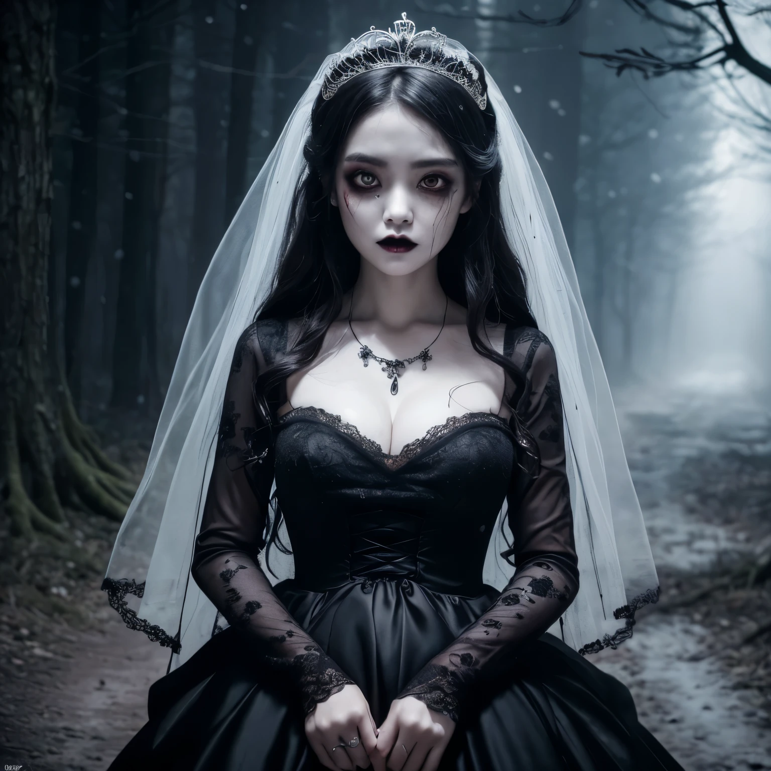 (highest quality、table top、8k、best image quality、Award-winning work、ultra high resolution)、creepy and horrorの花嫁、(Zombie Bride:1.2)、(bloody face:1.2)、(creepy and horror:1.2)、(zombie makeup:1.3)、(pure white and creepy skin:1.3)、black eyeshadow、(There are dark circles in the eyes:1.2)、(black lips:1.2)、long hair、(the finest spooky wedding dresses:1.1)、(wedding lace:1.1)、(The finest creepy giant tiara:1.1)、(The finest spooky necklace:1.1)、(dark spooky and scary forest background:1.2)、gloomy and eerie tree々、Eerie dim night、dark thriller atmosphere、(Spooky fog:1.1)、small cleavage、(look at me with a sad expression:1.1)、blurred background、(full body photo:1.25)、(slightly pregnant:1.1)、accurate anatomy、ultra high resolutionの顔、ultra high resolutionの髪、ultra high resolutionのキラキラした瞳、ultra high resolutionのblack lips、ultra high resolutionの完璧な歯、Creepy face drawn in detail、(It&#39;s snowing:1.1)