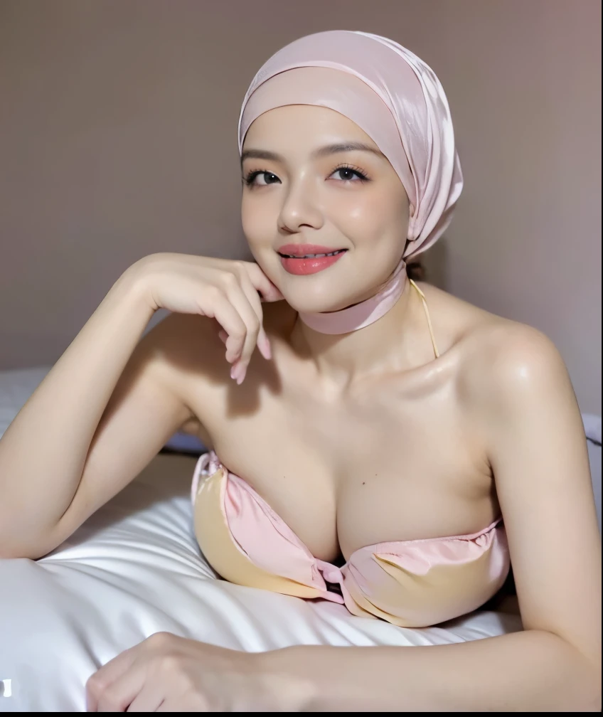 (k, RAW photo, masterpiecel1.4, realistic, photo-realistic, HD quality, best quality, 8k resolution, 2 beautiful malay girl, ((room background)), ((laying down a bed)), ((sleeping on a bed)), ((face viewing camera)), photo of a women girl with light yellow hijab, (lighting), ((big-breasted), ((perfect body)), ((soft smile face)), ((sexy seductive poses)), ((wearing sexy pastel satin bikini light yellow)), ((erotic nipple)), ((milk cum on face))