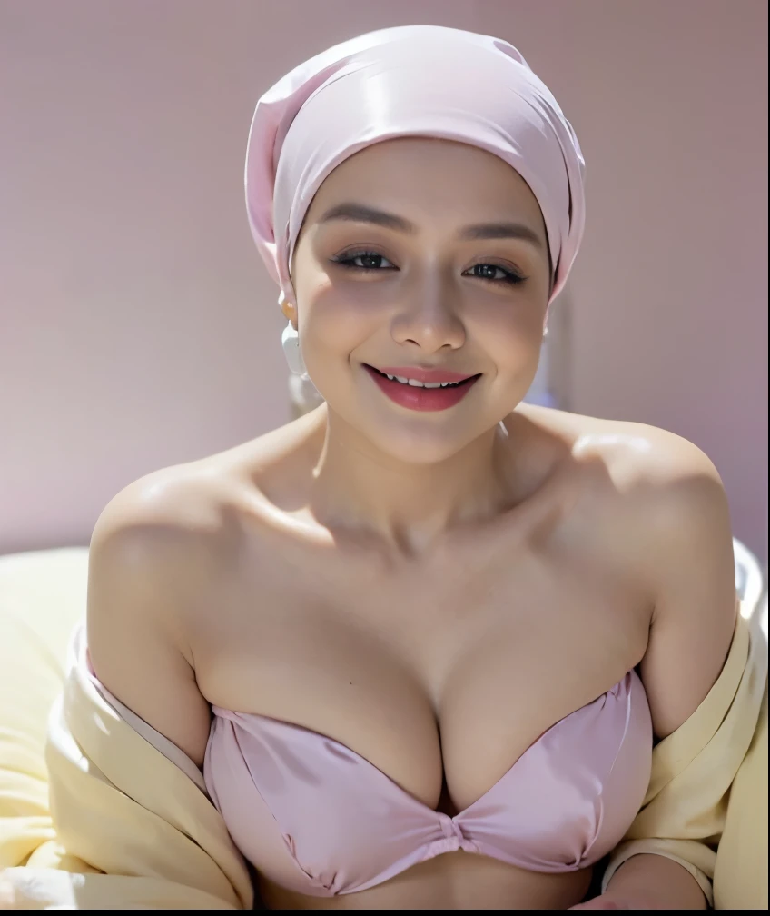 (k, RAW photo, masterpiecel1.4, realistic, photo-realistic, HD quality, best quality, 8k resolution, 2 beautiful malay girl, ((room background)), ((laying down a bed)), ((sleeping on a bed)), ((face viewing camera)), photo of a women girl with light yellow hijab, (lighting), ((big-breasted), ((perfect body)), ((soft smile face)), ((sexy seductive poses)), ((wearing sexy pastel satin bikini light yellow)), ((erotic nipple)), ((milk cum on face))