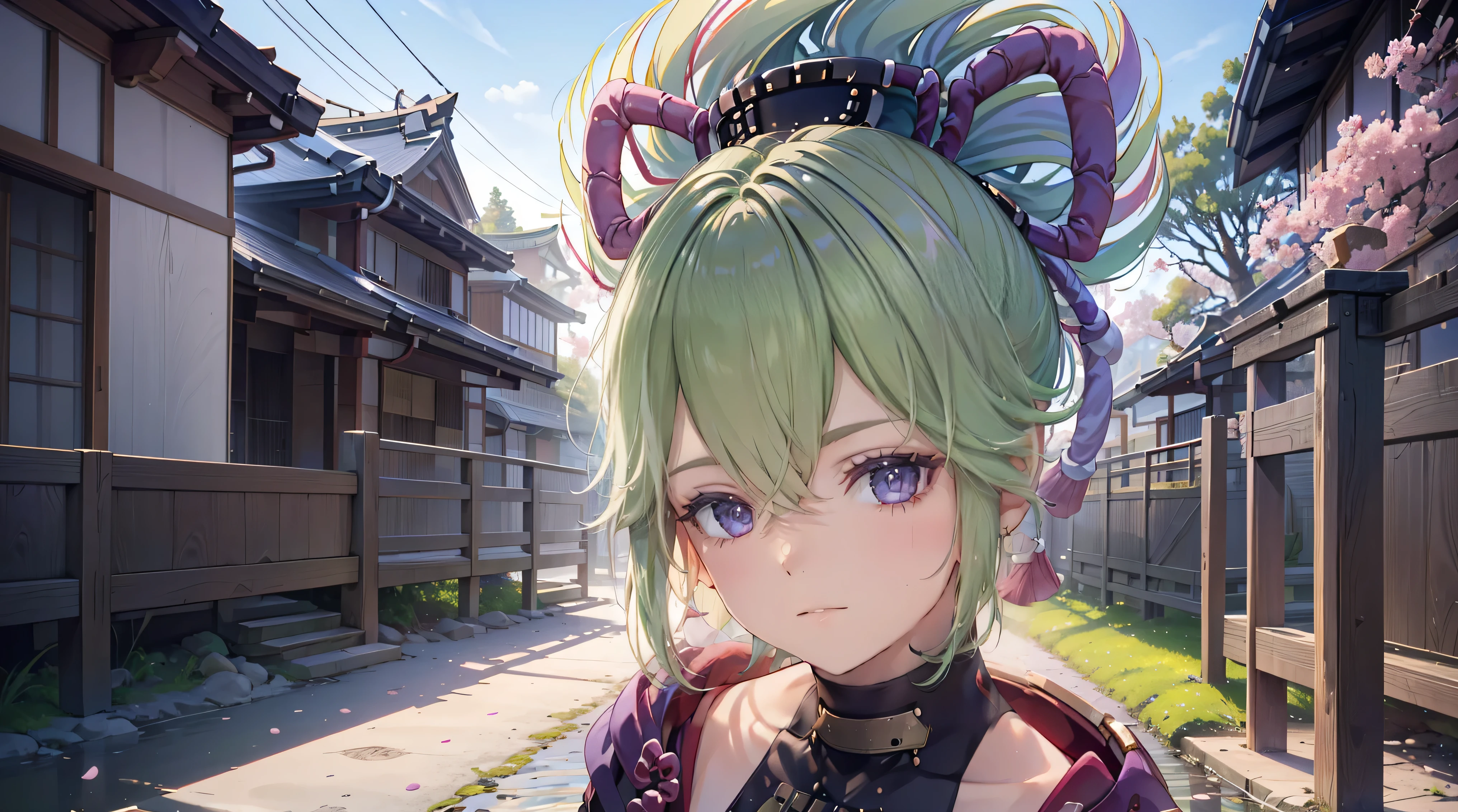 Beautiful proportions, thin, (best quality,8k,height,Masterpiece:1.2),(realistic,photorealistic,photo-realistic:1.37), in purple eyes , Wearing a Japanese miko costume., Traditional Japanese Bakery,Beautifully detailed eyes,happiness,glowing eyes,smile,บรรยากาศquiet,Traditional Japanese clothing,work(best quality,Comprehensive,advertisement:1.2),bright and warm,sweet and sleepy,complete happiness,smileสดใส,cherry tree,quiet,aroma,dreamlike,bright colors,delicate light,Traditional Japanese tea set,Lively atmosphere, พื้นหลังเป็นเมืองญี่ปุ่นเก่าแก่ที่มีcherry tree.,