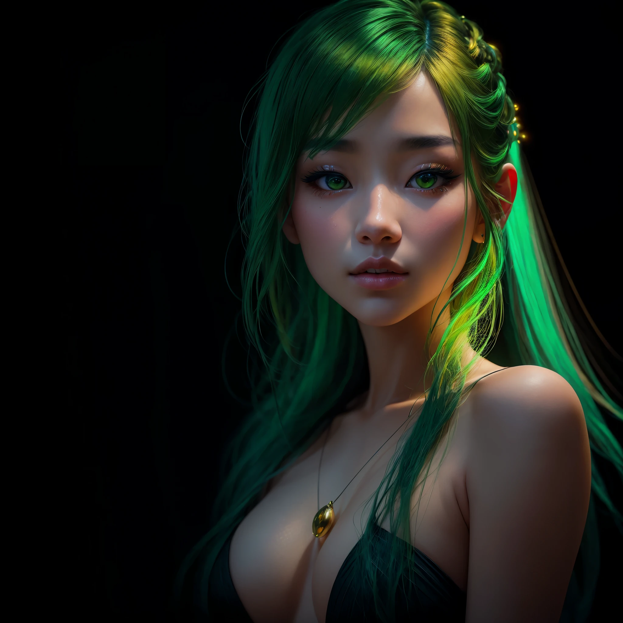 A stunningly realistic Portrait of a beautiful Japanese girl comes to life through the lens of the RealisticVision4 model. Her captivating features are accentuated by the vividness of her yellow-green neon hair, which shimmers under volumetric lighting. With each strand meticulously crafted, the level of detail is nothing short of ultra-detailed and ultra-sharp. The provenance of this masterpiece lies in its striking, gorgeous eyes, which emit an enchanting allure. The image radiates in 8k resolution, providing a high-definition viewing experience that highlights the soulful essence of this ethereal beauty.