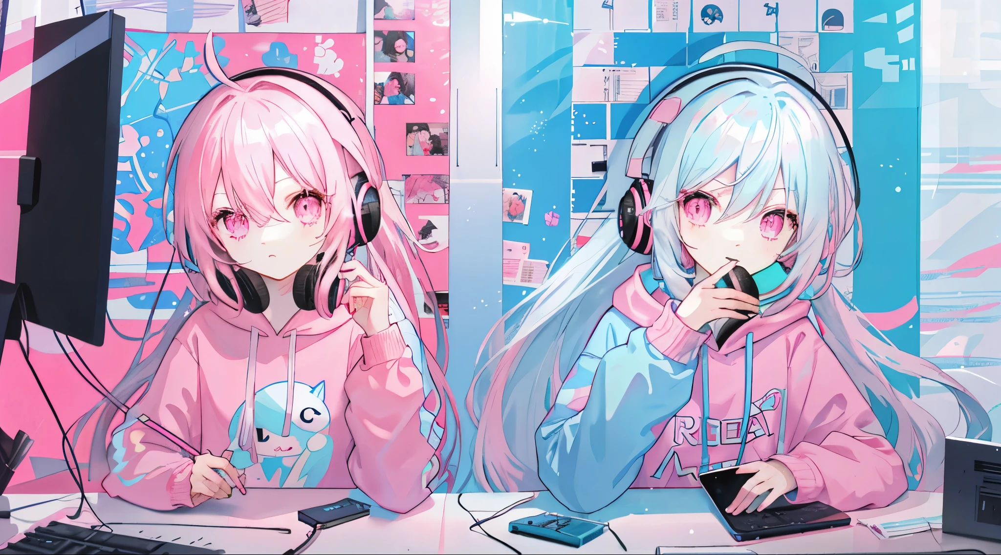 light blue long hair，Pink and white sweatshirt，pink eyes，black headphones，Lollipop in mouth