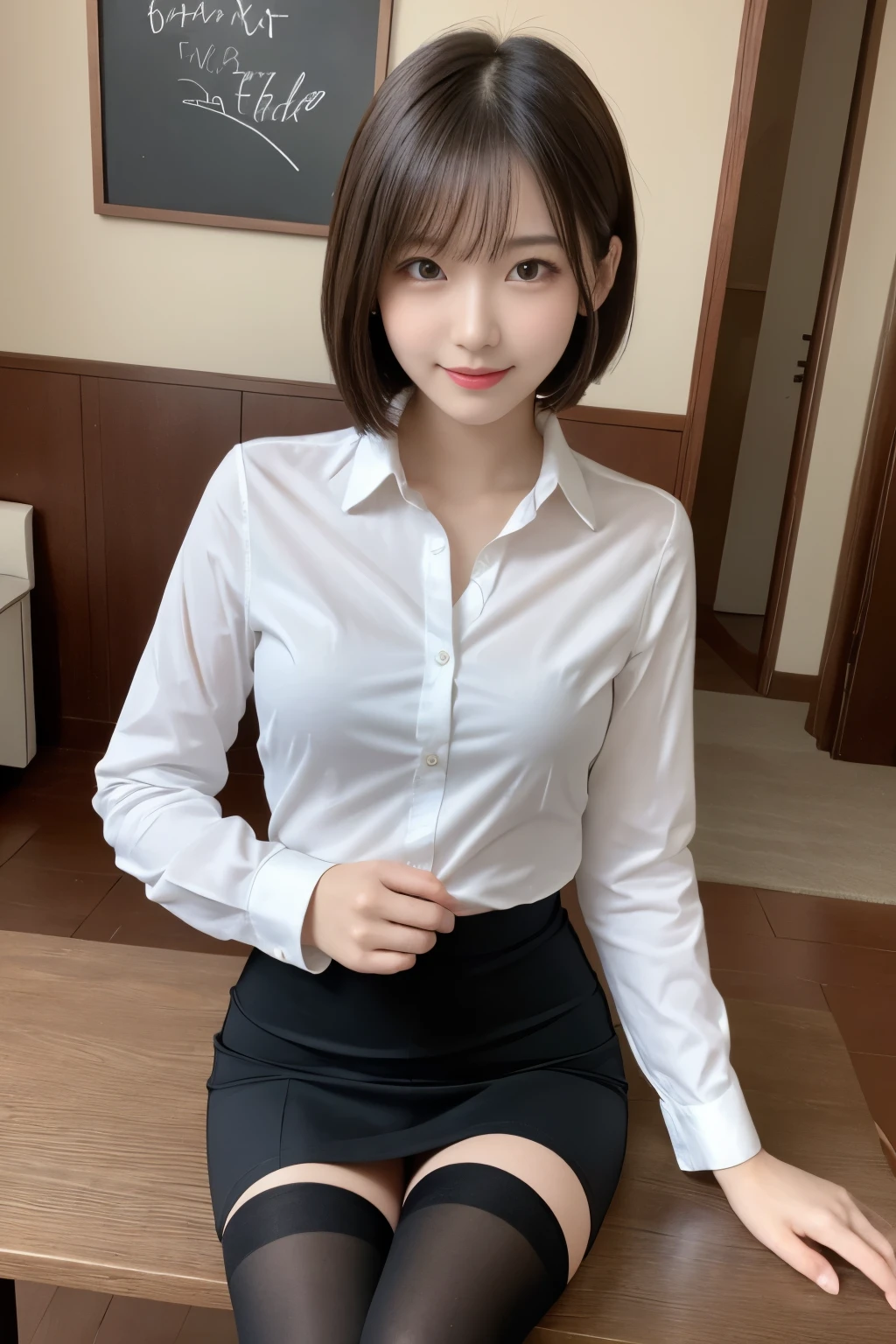 table top, highest quality, figure, super detailed, finely, High resolution, 8k wallpaper,short hair、 完璧なダイナミックな構figure, beautiful and fine eyes, business suit,natural color lip, smile、18 year old girl,Wearing black tights and stockings、plump thighs、shortcut