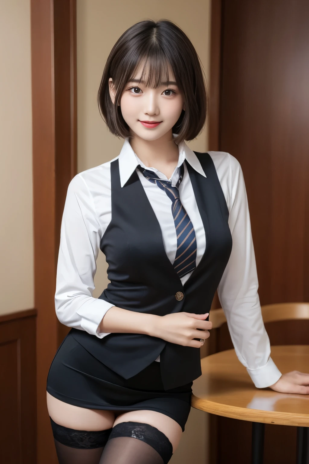 table top, highest quality, figure, super detailed, finely, High resolution, 8k wallpaper,short hair、 完璧なダイナミックな構figure, beautiful and fine eyes, business suit,natural color lip, smile、18 year old girl,Wearing black tights and stockings、plump thighs、shortcut