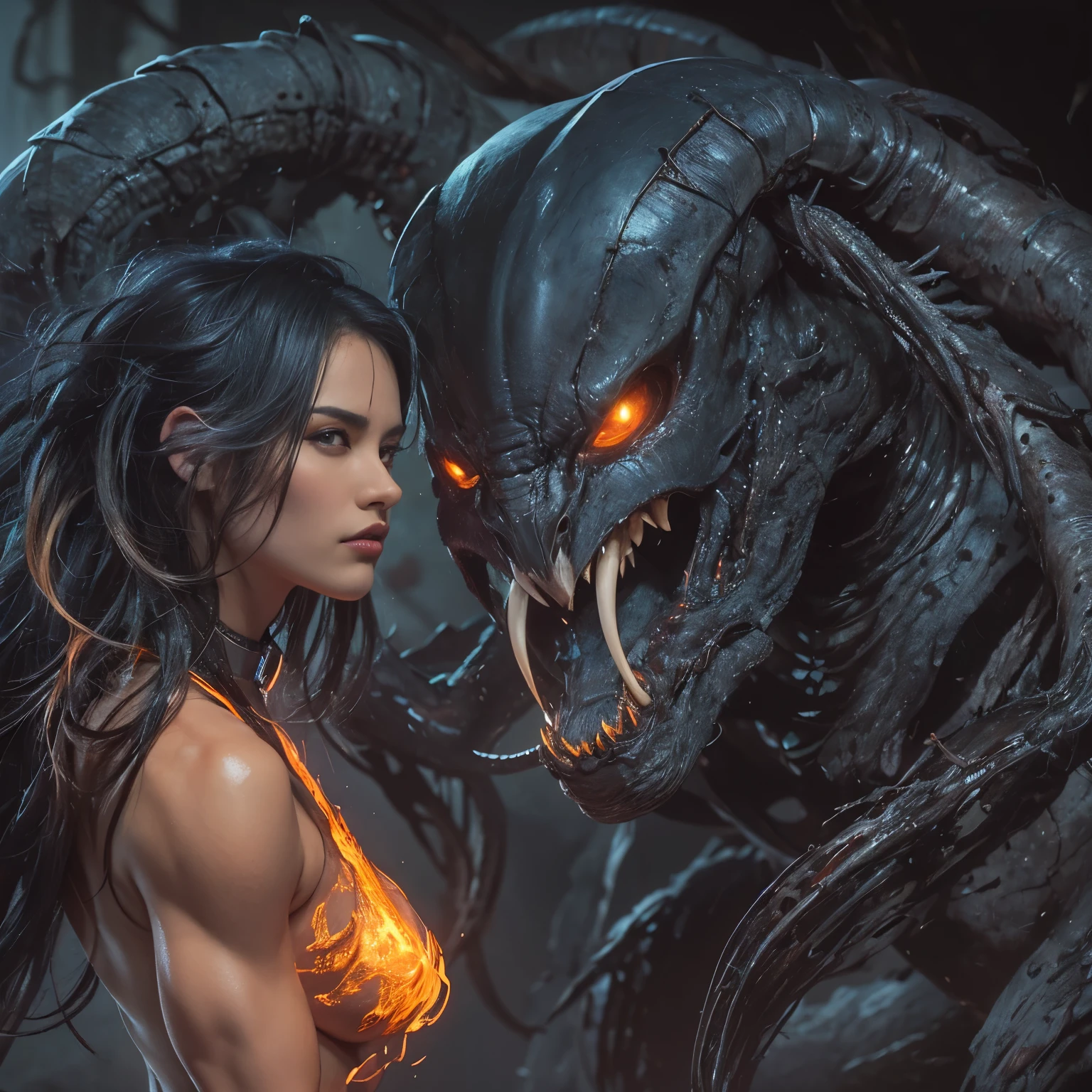 1 female alien, The predator, warrior, (extremely beautiful:1.2), (intense gaze:1.4), (predator:1.1), long dark claws, NSFW, nipples, thick eyebrows, glowing and shining orange eyes, the most beautiful face in the universe, black hair,
A woman with an extremely beautiful face, her intense gaze fixed on her prey, a primal force that could not be denied.
(extreamly beautiful lean body:1.5), (ultra muscular build:1.2), (prowling:1.3), (sleek movements:1.4),
Her beautiful body, muscular and toned, moved with sleek grace as she prowled, ready to strike at a moment's notice. The predator within her was always on