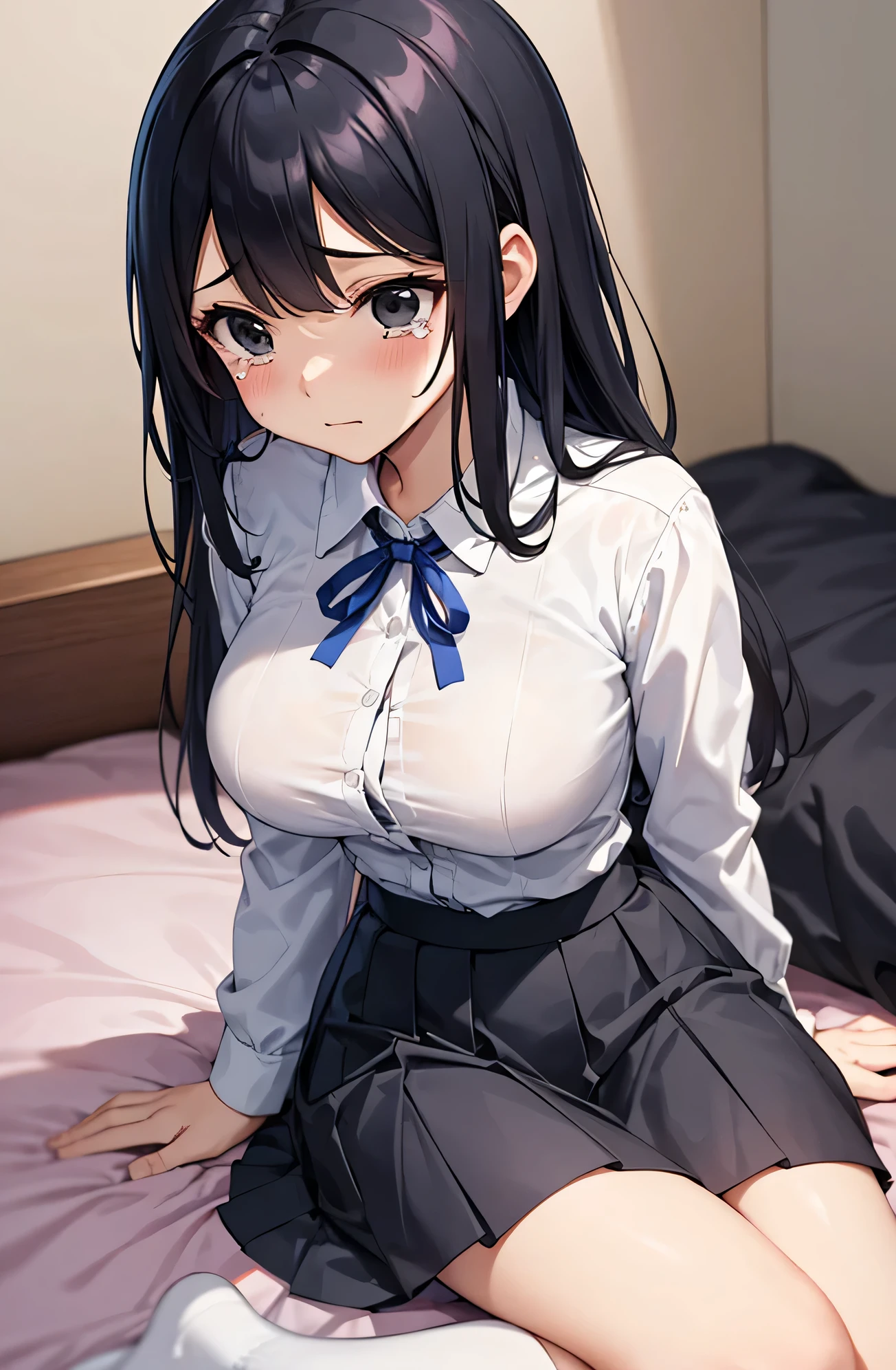 (Manhwa style), a sexy girl, long black straight hair, twintail hair, black eyes, beautiful eyes, blush on make up, red eyeliner, black neck tie, white shirt, mini pleated skirt, stockings, garter belt, big breasts, blushing, smiling, (high quality), (best quality), (full body), sexy lips, cleavage, big hips, fingering, masturbate, masturbation, on the bed, bedroom