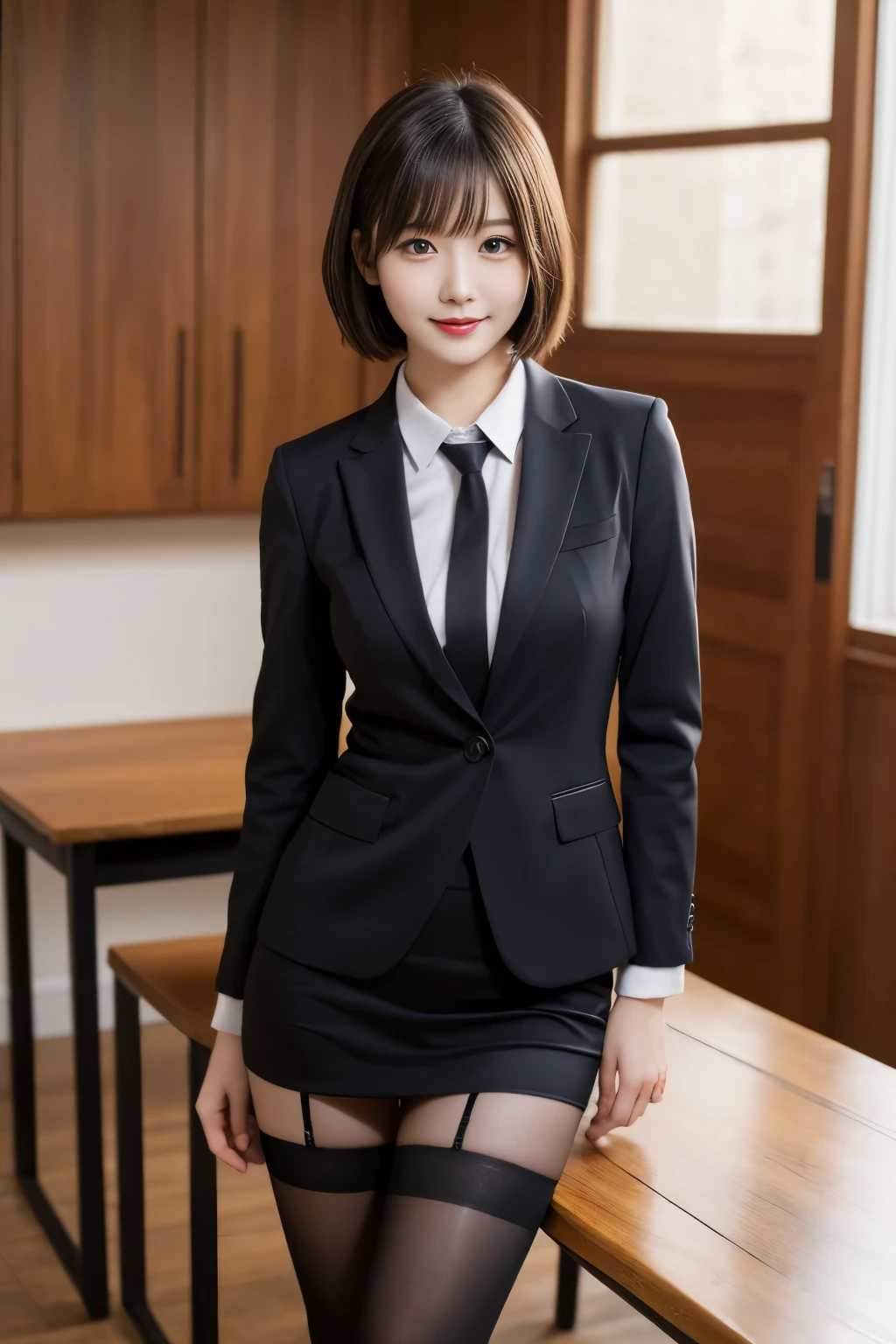 table top, highest quality, figure, super detailed, finely, High resolution, 8k wallpaper,short hair、 完璧なダイナミックな構figure, beautiful and fine eyes, business suit，natural color lip, smile、18 year old girl，Wearing black tights and stockings、plump thighs、shortcut