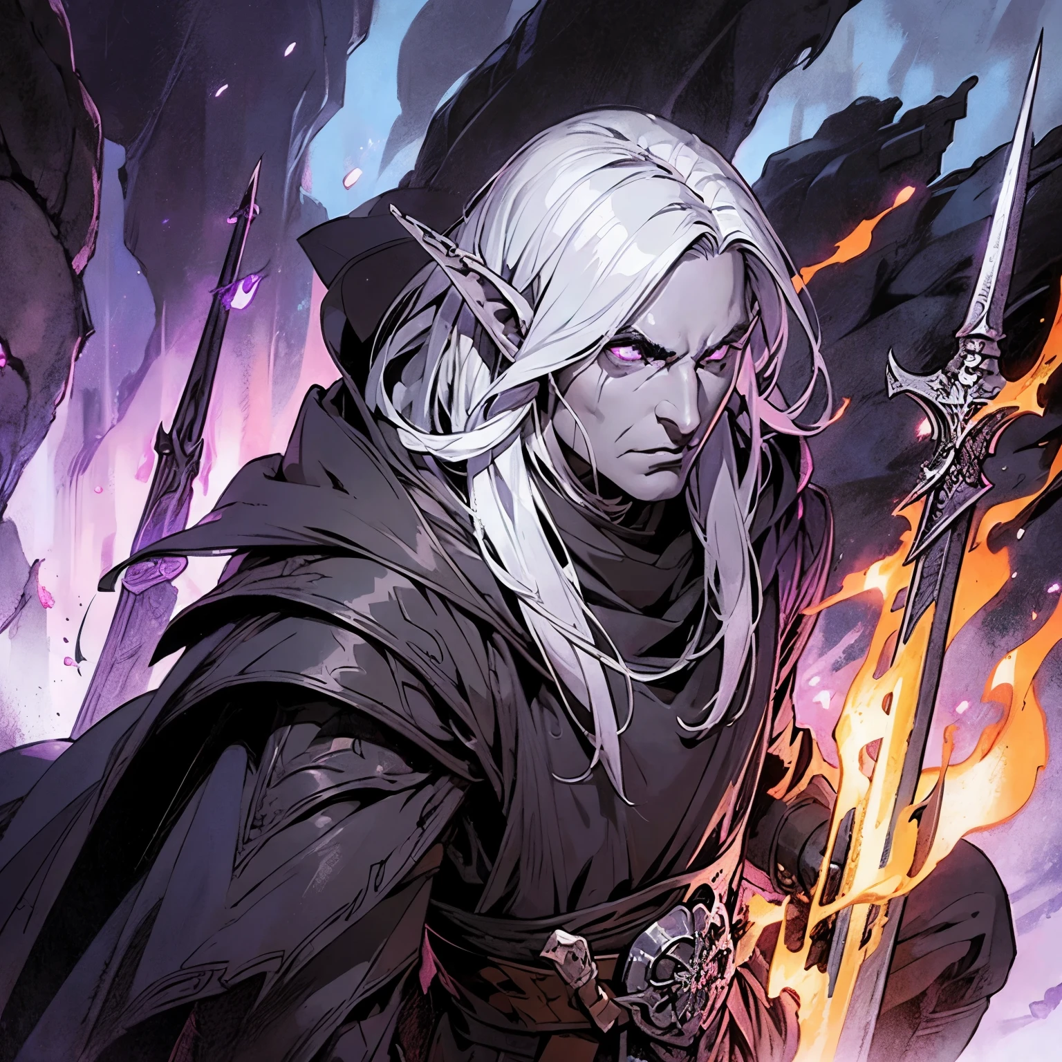(a male grey elf wearing dark robes,dungeons and dragons npc) ,serious look, sword in side, vivid colors, photorealistic, dusty atmosphere, dim lighting, mysterious, roaring flames flickering, purple aura, detailed face