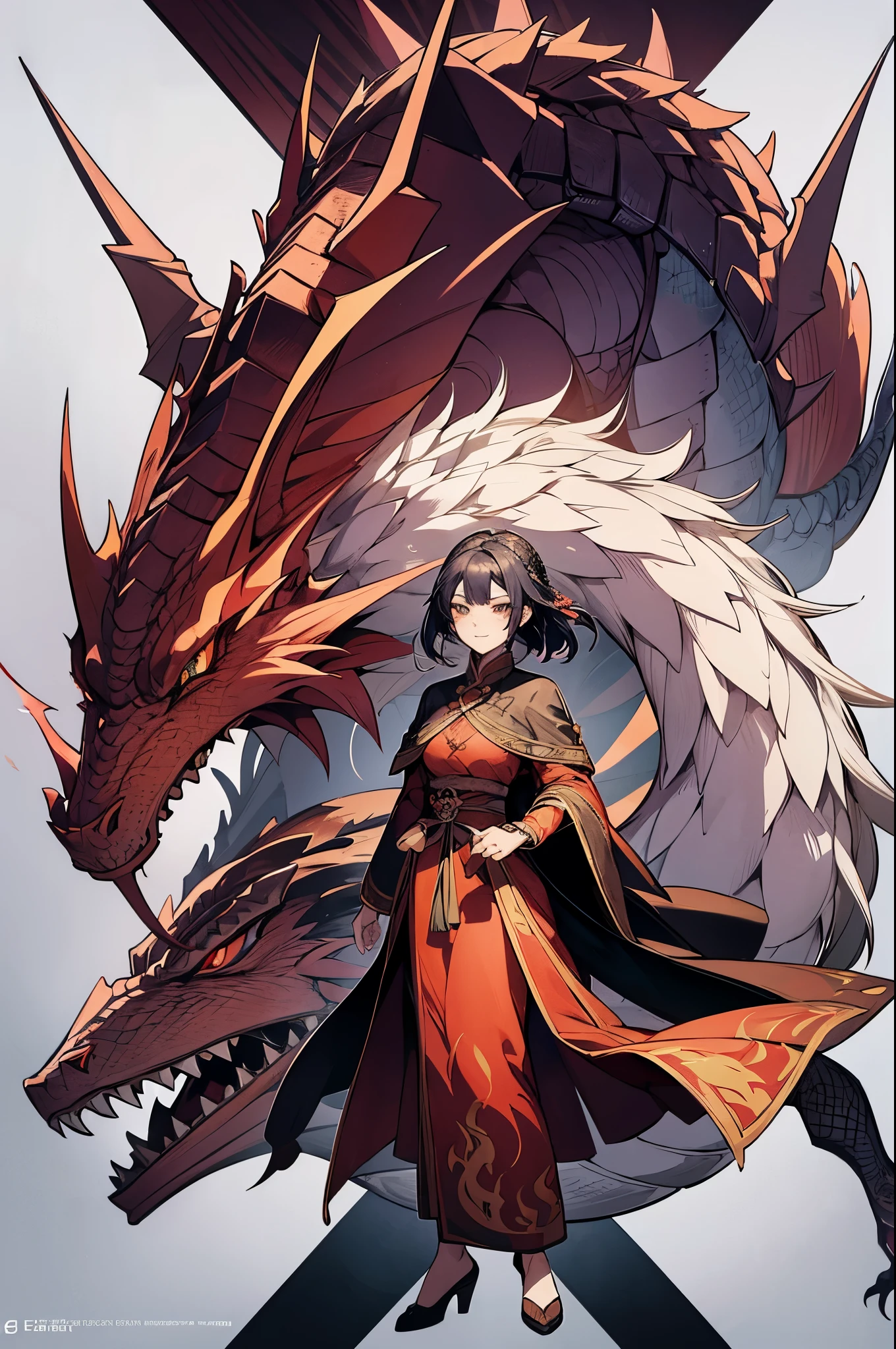 Anime drawing of a woman with a dragon head and a woman in a cloak, Dragon in the background, Human and dragon fusion, person with dragon soul, About Menggangde animation, by Zayn Chin, by Li Zai, But as an anthropomorphic dragon, Ryujin, by Ren Renfa, dragon with scar