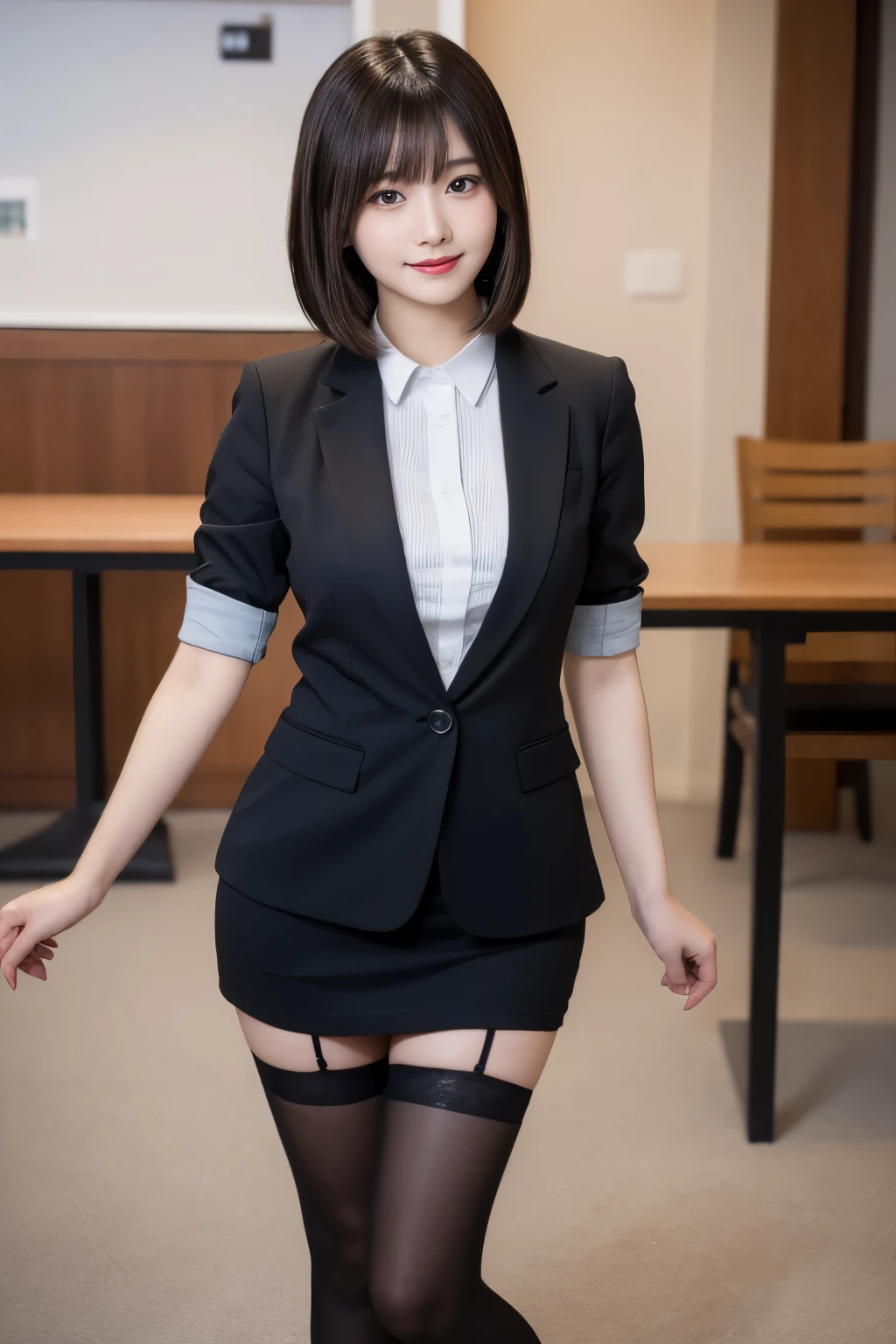 table top, highest quality, figure, super detailed, finely, High resolution, 8k wallpaper,short hair、 完璧なダイナミックな構figure, beautiful and fine eyes, business suit，natural color lip, smile、18 year old girl，Wearing black tights and stockings、plump thighs、shortcut