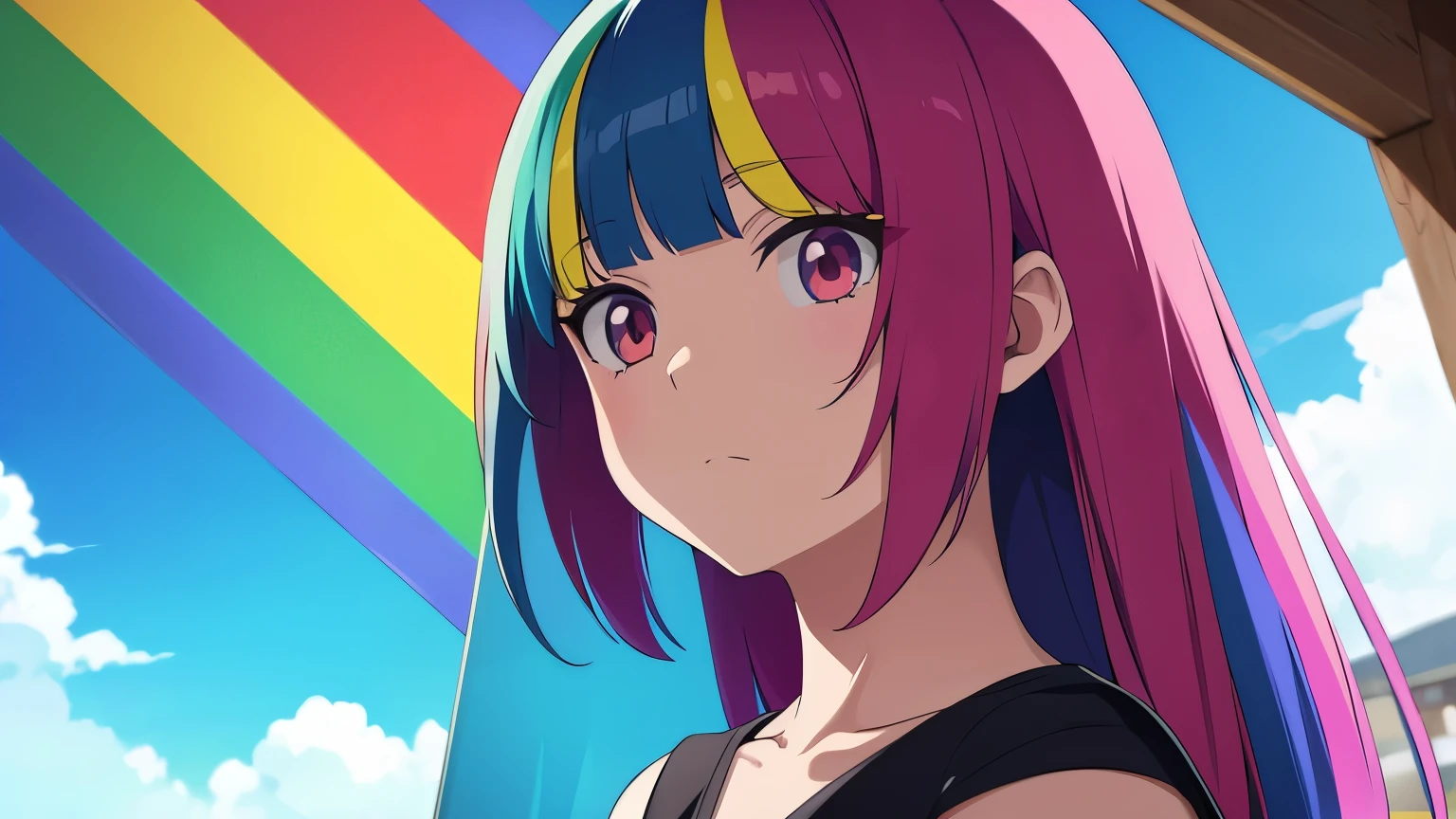 Anime girl, masterpiece art, rainbow coloured hair