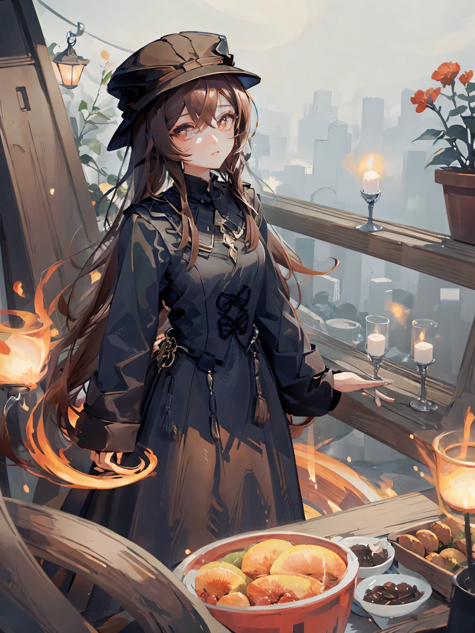 (masterpiece),(best quality), illustration, beautiful face, brown hair, dark color long dress, hat