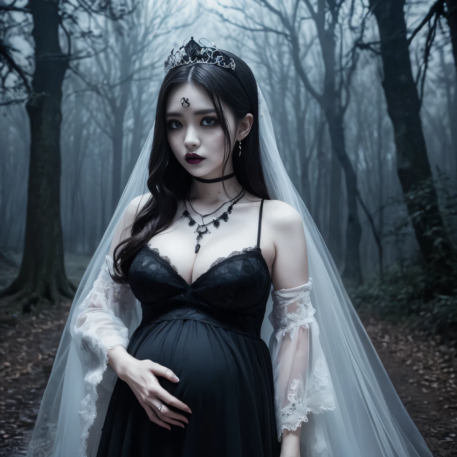 (highest quality、table top、8k、best image quality、Award-winning work、ultra high resolution)、creepy and horrorの花嫁、(Zombie Bride:1.1)、(bloody face:1.1)、(creepy and horror:1.1)、(zombie makeup:1.1)、(pure white and creepy skin:1.1)、black eyeshadow、(There are dark circles in the eyes:1.)、(black lips:1.1)、long hair、(the finest spooky wedding dresses:1.1)、(wedding lace:1.1)、(The finest creepy giant tiara:1.1)、(The finest spooky necklace:1.1)、(dark spooky and scary forest background:1.1)、gloomy and eerie tree々、Eerie dim night、dark thriller atmosphere、(Spooky fog:1.1)、small cleavage、(look at me with a sad expression:1.1)、blurred background、(full body photo:1.3)、(slightly pregnant:1.2)、accurate anatomy、ultra high resolutionの顔、ultra high resolutionの髪、ultra high resolutionのキラキラした瞳、ultra high resolutionのblack lips、ultra high resolutionの完璧な歯、Creepy face drawn in detail、(It's snowing:1.1)、snow scene
