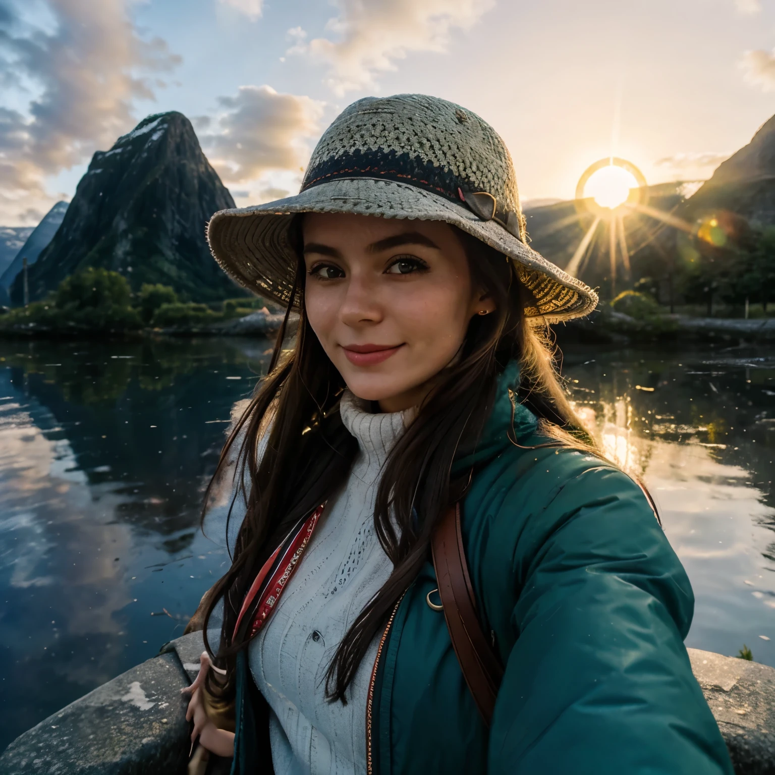 Woman going on a trip、selfie、Norwegian、beautiful woman、27 years old、ireland、hat、sunset