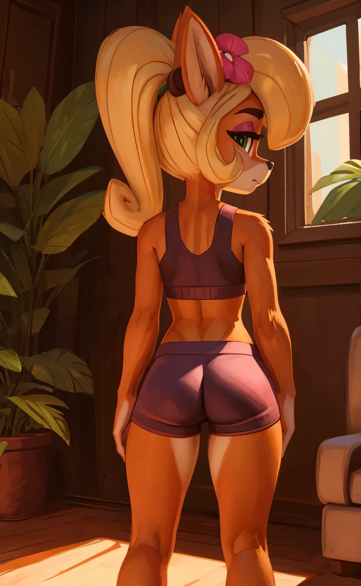 [Coco bandicoot], [Uploaded to e621.net; (Pixelsketcher), (wamudraws)}, ((masterpiece)), ((HD)), ((high res)), ((solo portrait)), ((full body)), ((back view)), ((furry; anthro)), ((detailed fur)), ((detailed shading)), ((beautiful render art)), ((intricate details)), {anthro; orange fur, black nose, (cute green eyes), (half-closed eyes), (short eyelashes), (pink eyeshadow), blonde curly hair, curly ponytail, (curvy hips), (beautiful legs), (cute frown), (sleepy expression)}, {(red sports bra), (navel), (red boxer briefs), (pink flower in hair)}, {(standing), (hand on head), (looking back at viewer)}, [background; (tropical forest), (living room), (window), (blue sky), (sun rays), (ambient lighting)]
